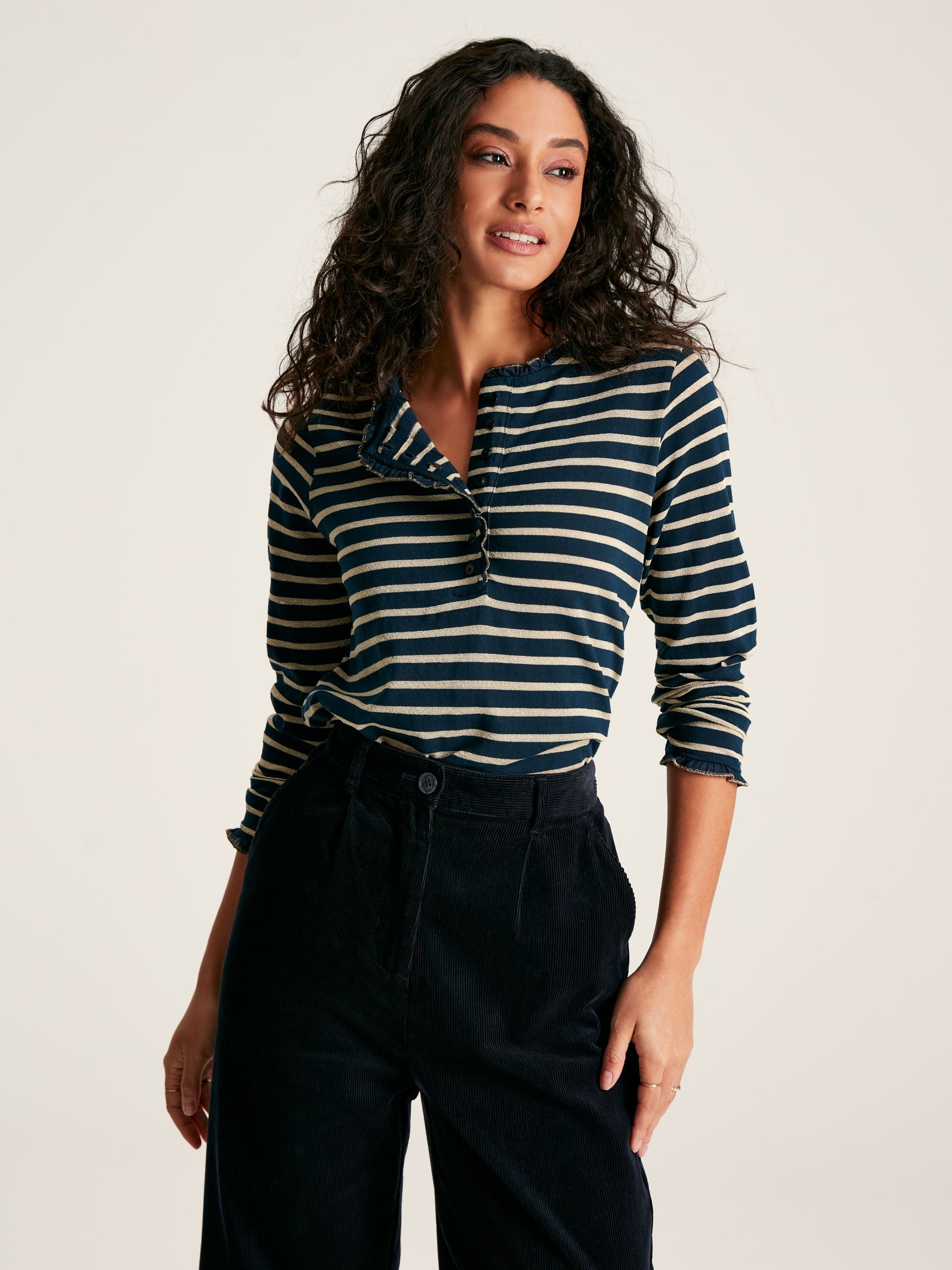 Daphne Striped Top with Frilled Detailing - Navy