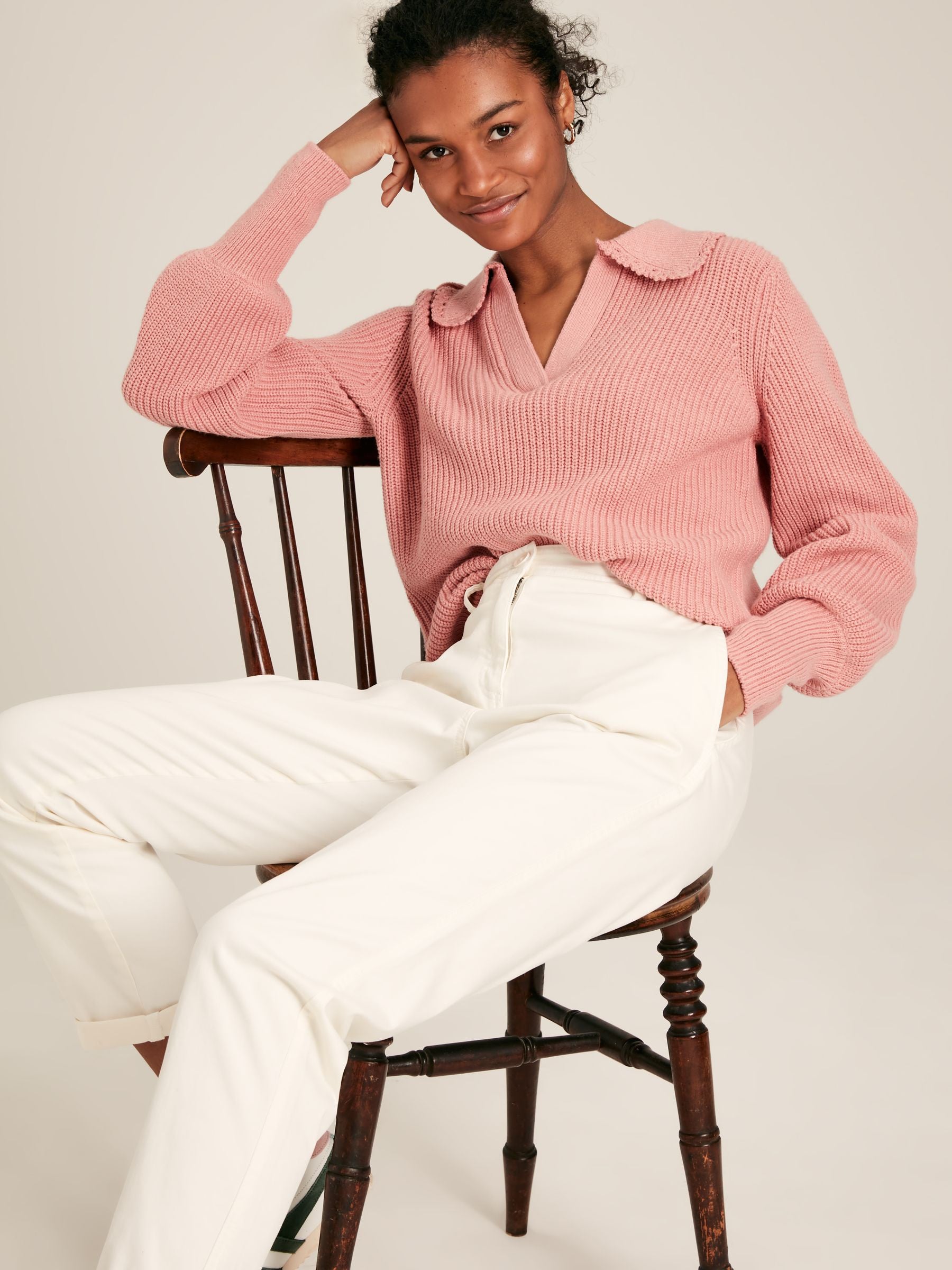 Evangeline Pink Ribbed Jumper with Crochet Collar