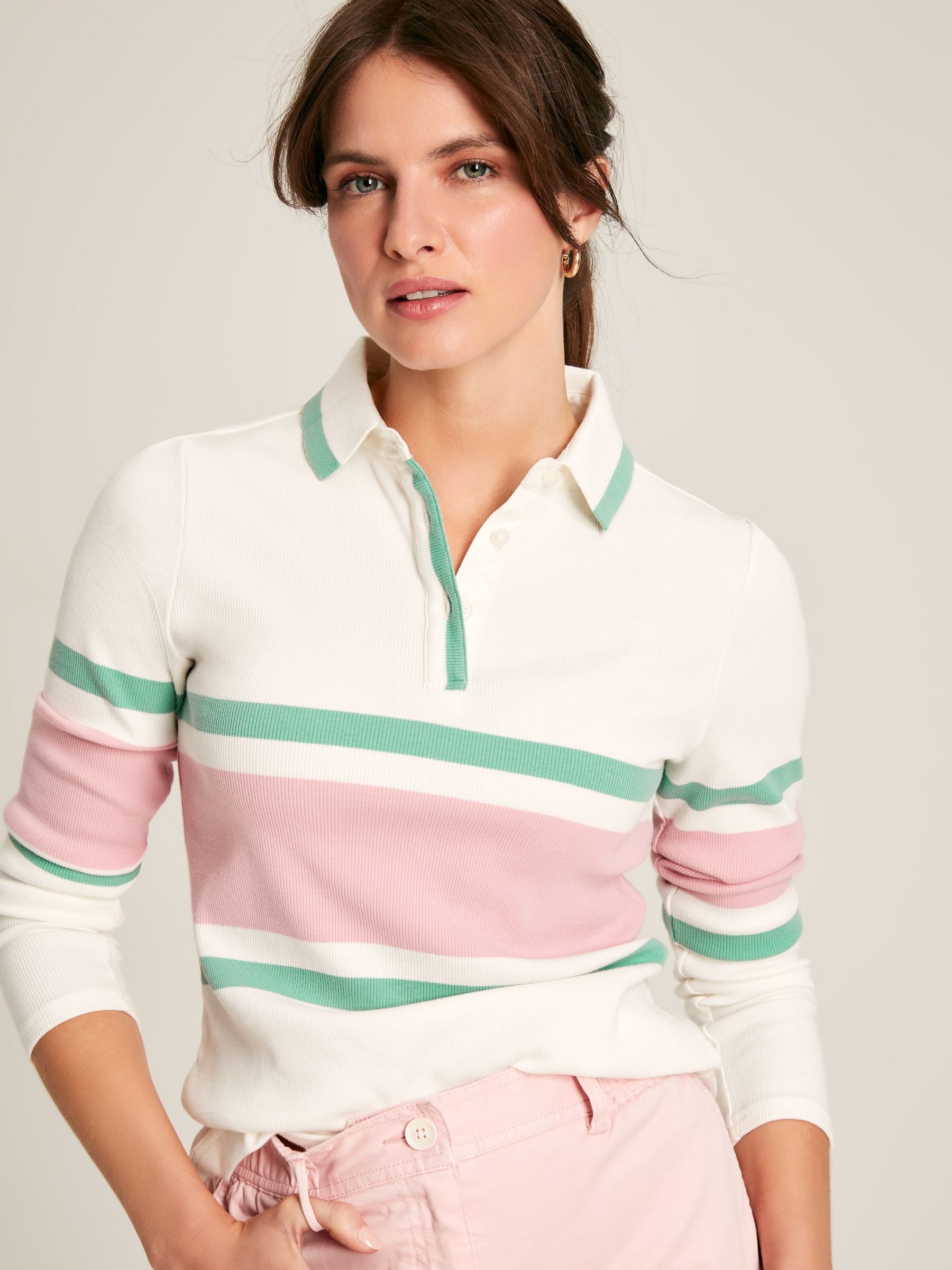 Fairfield Cream/Pink/Green Long Sleeve Ribbed Polo Shirt