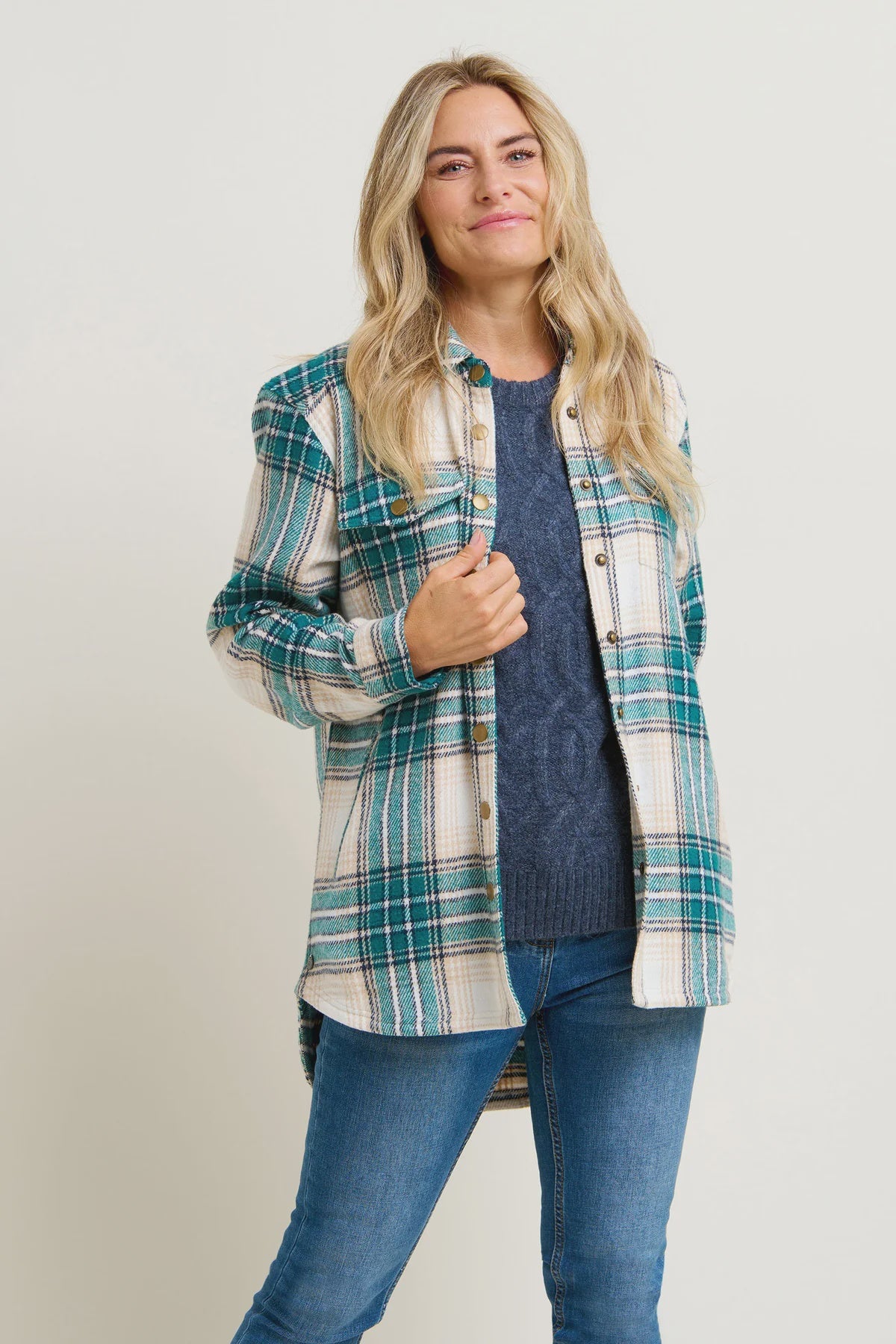 Shamrock Flannel Shacket - Cream/Teal