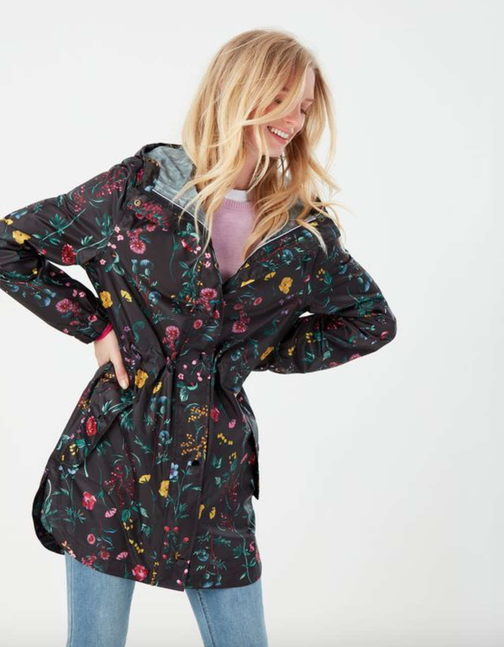 Joules - Women's Golightly Printed Waterproof Packable Jacket - Black Floral