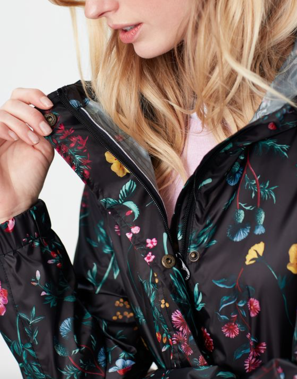 Joules - Women's Golightly Printed Waterproof Packable Jacket - Black Floral