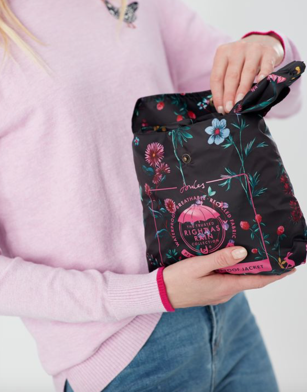 Joules - Women's Golightly Printed Waterproof Packable Jacket - Black Floral