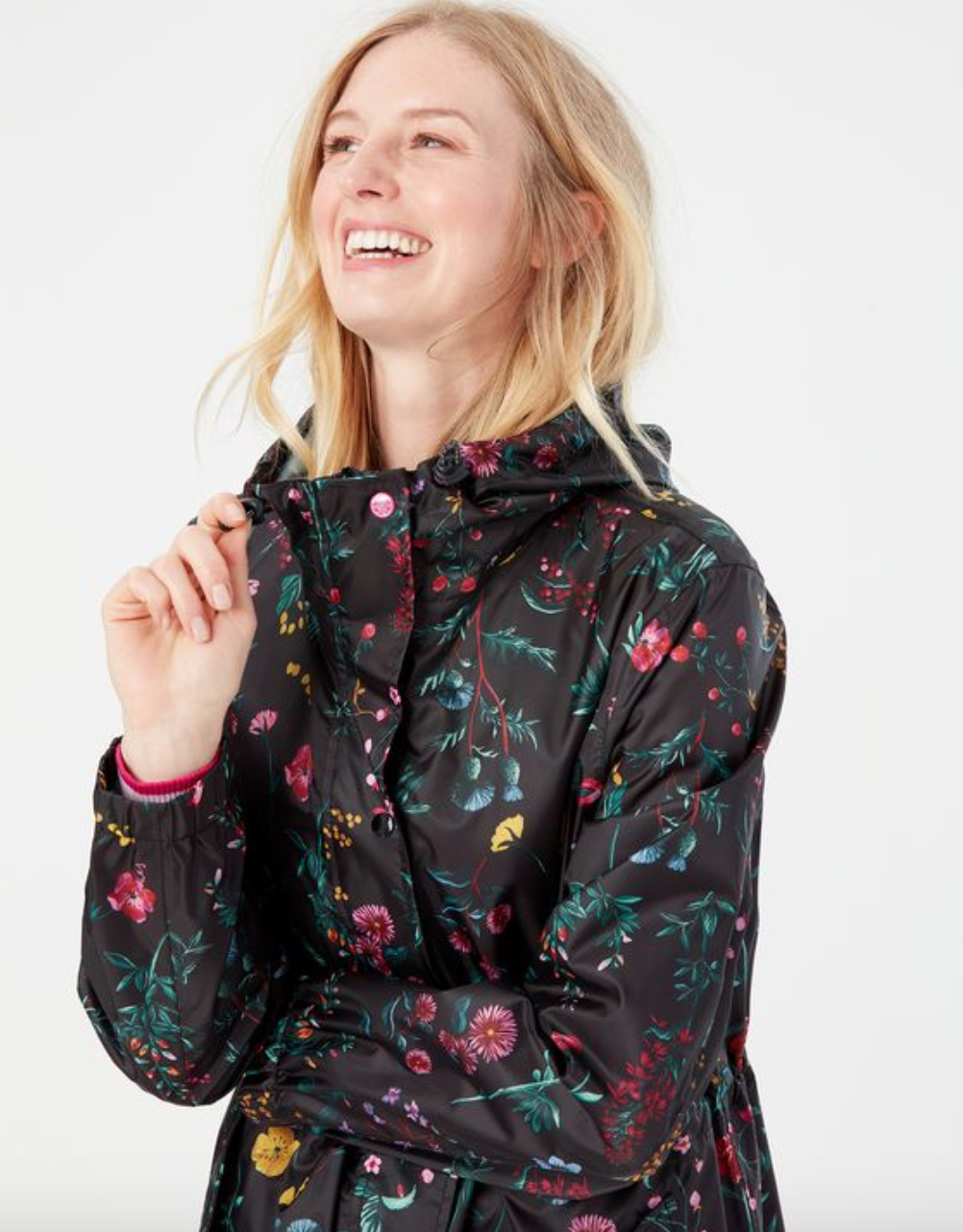 Joules - Women's Golightly Printed Waterproof Packable Jacket - Black Floral