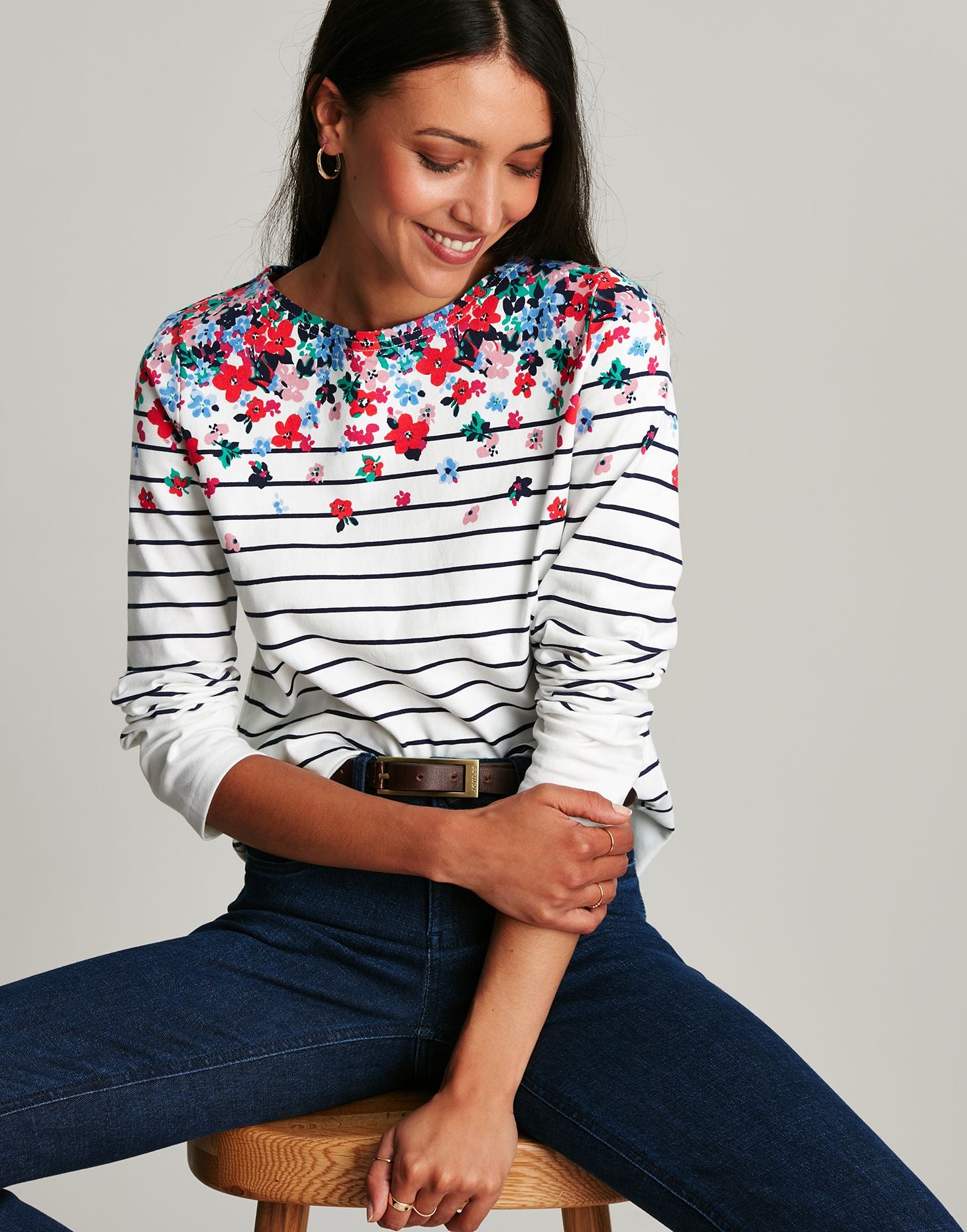 Women's Harbour Print Long Sleeve Jersey Top - Cream Garden Stripe