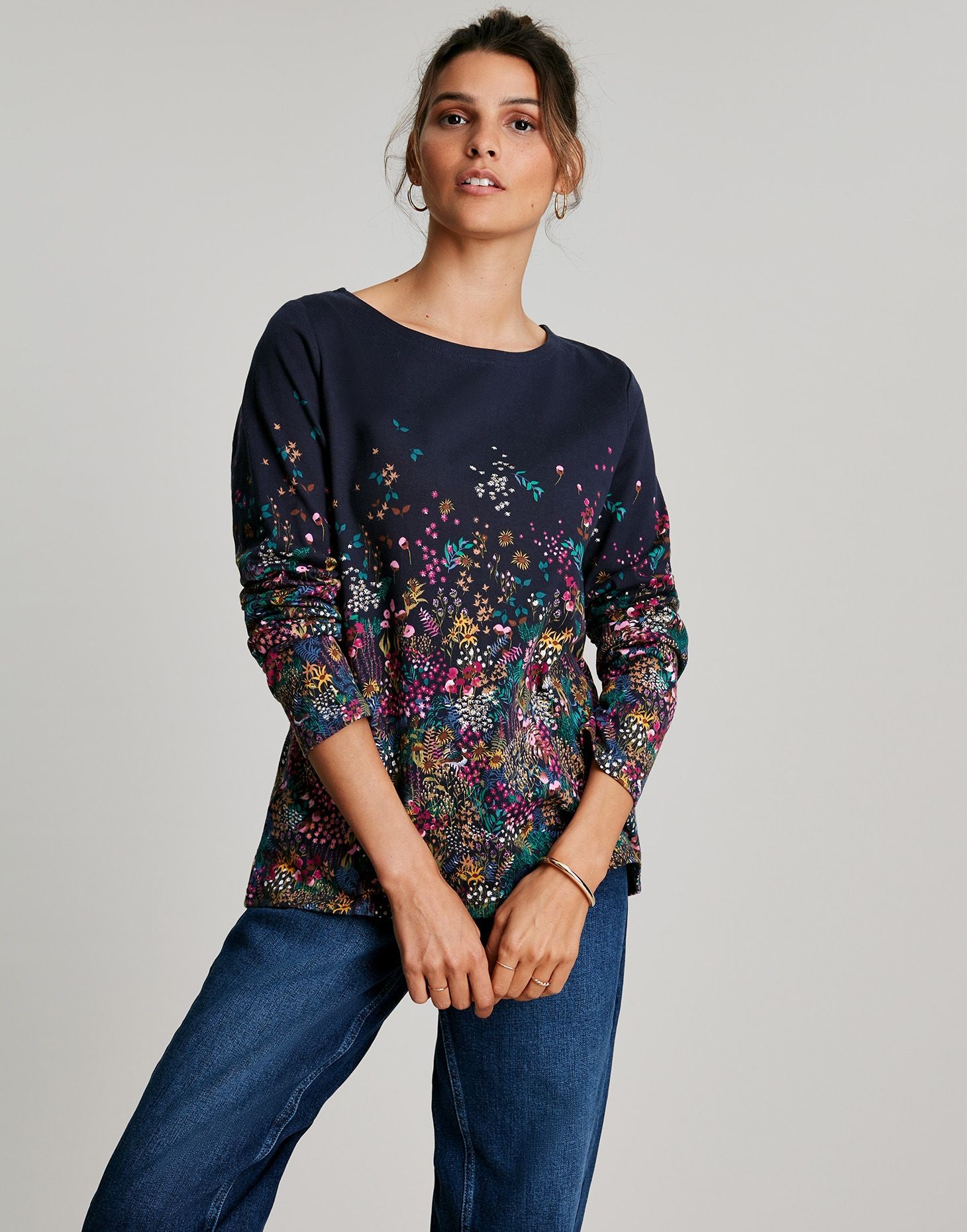 Women's Harbour Print Long Sleeve Jersey Top - Navy Moorland Ditsy