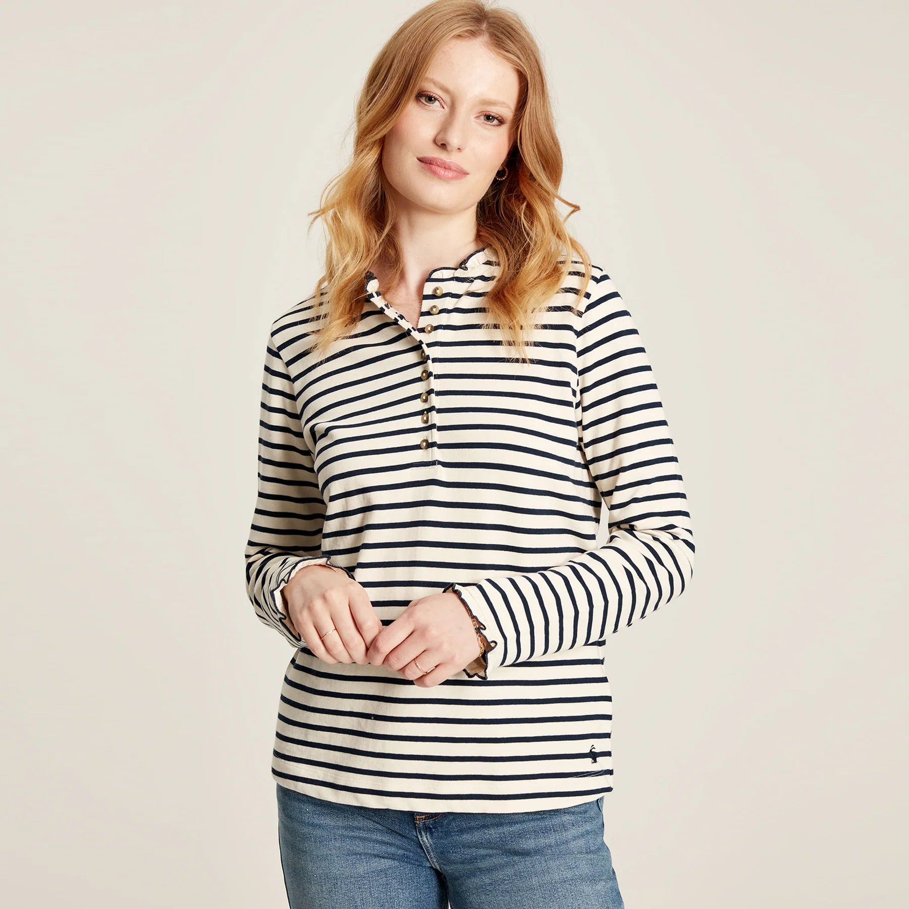 Maeve Long Sleeve Button Fastened Top - Navy Stripe