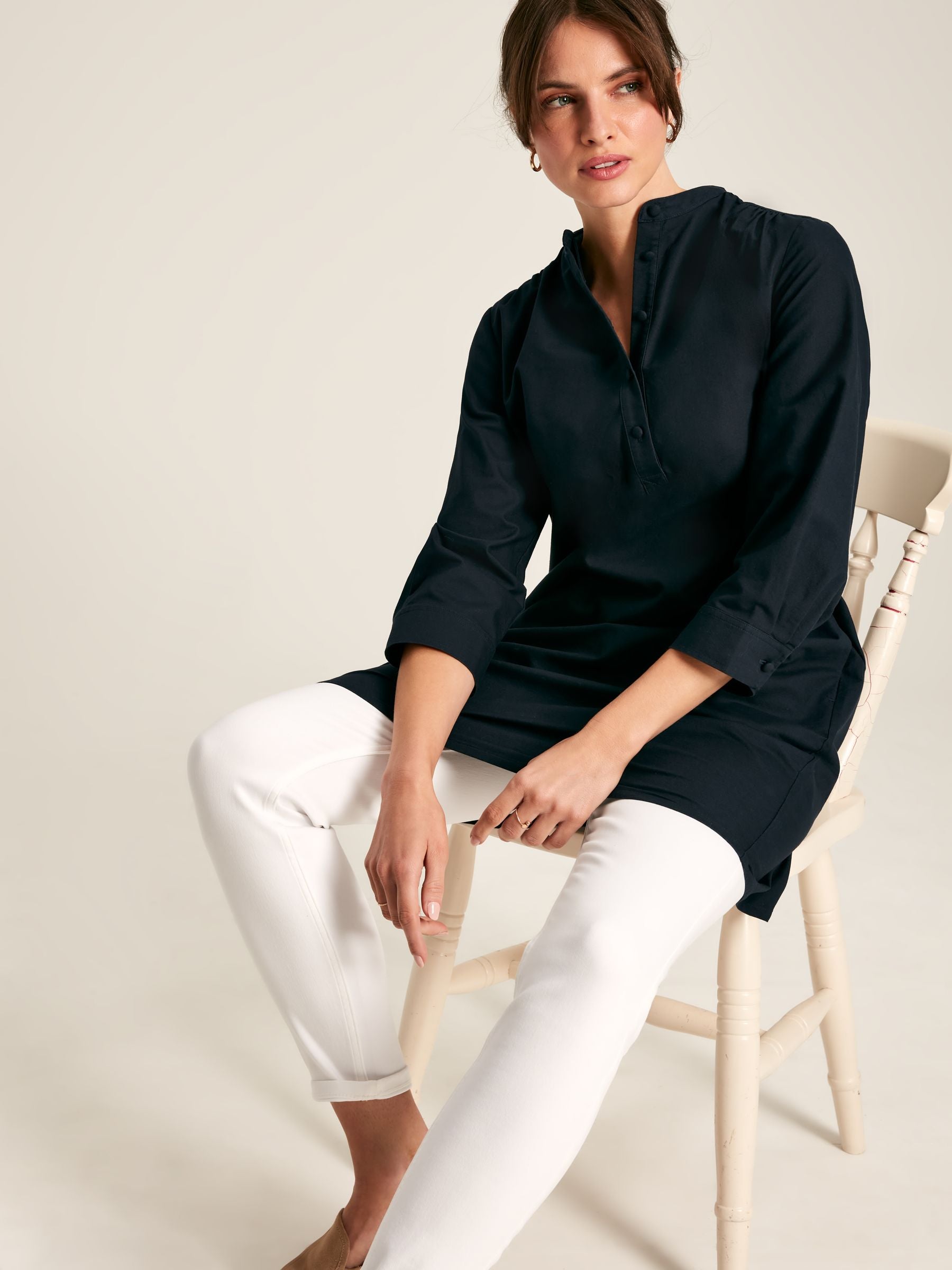 Marlowe Navy Shirt Dress with Nehru Collar