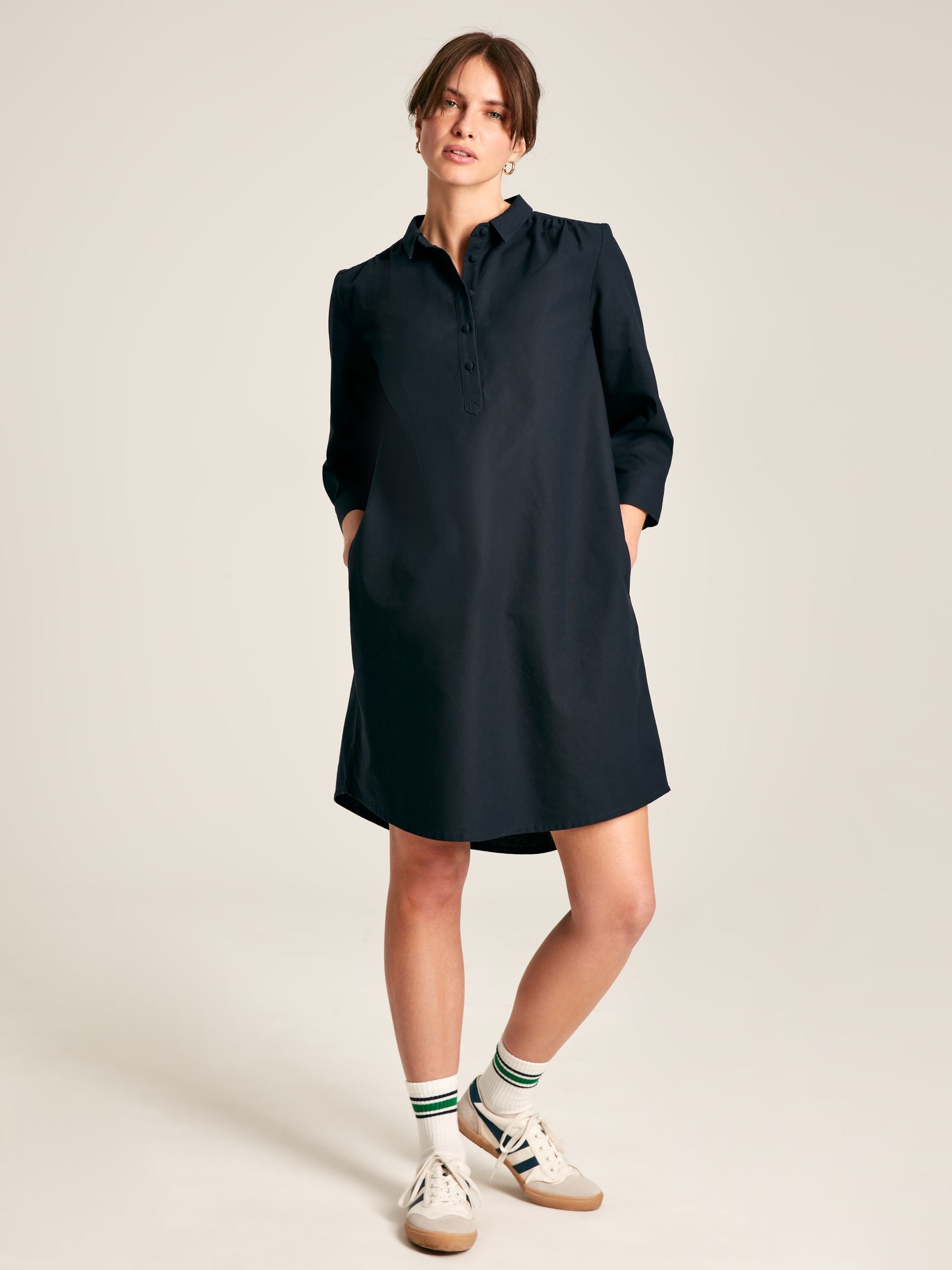 Marlowe Navy Shirt Dress with Nehru Collar