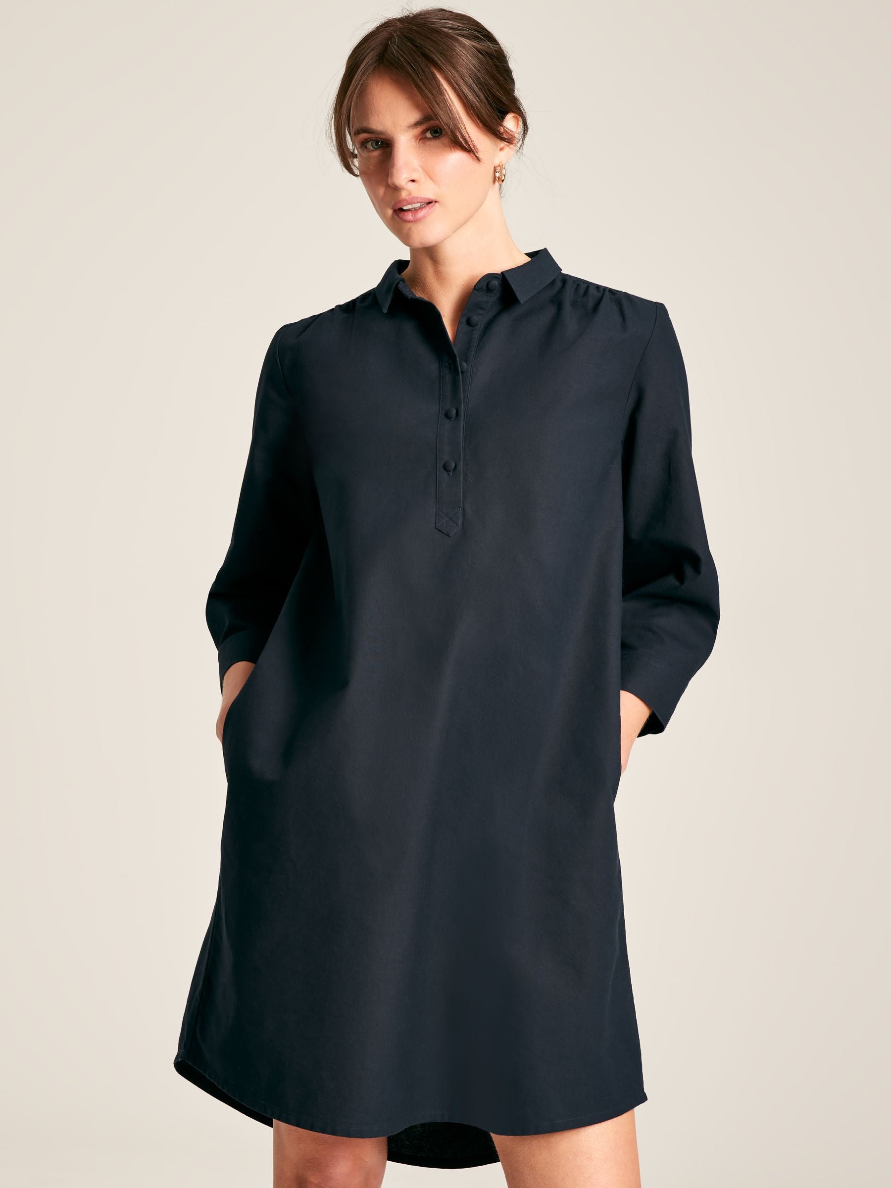 Marlowe Navy Shirt Dress with Nehru Collar