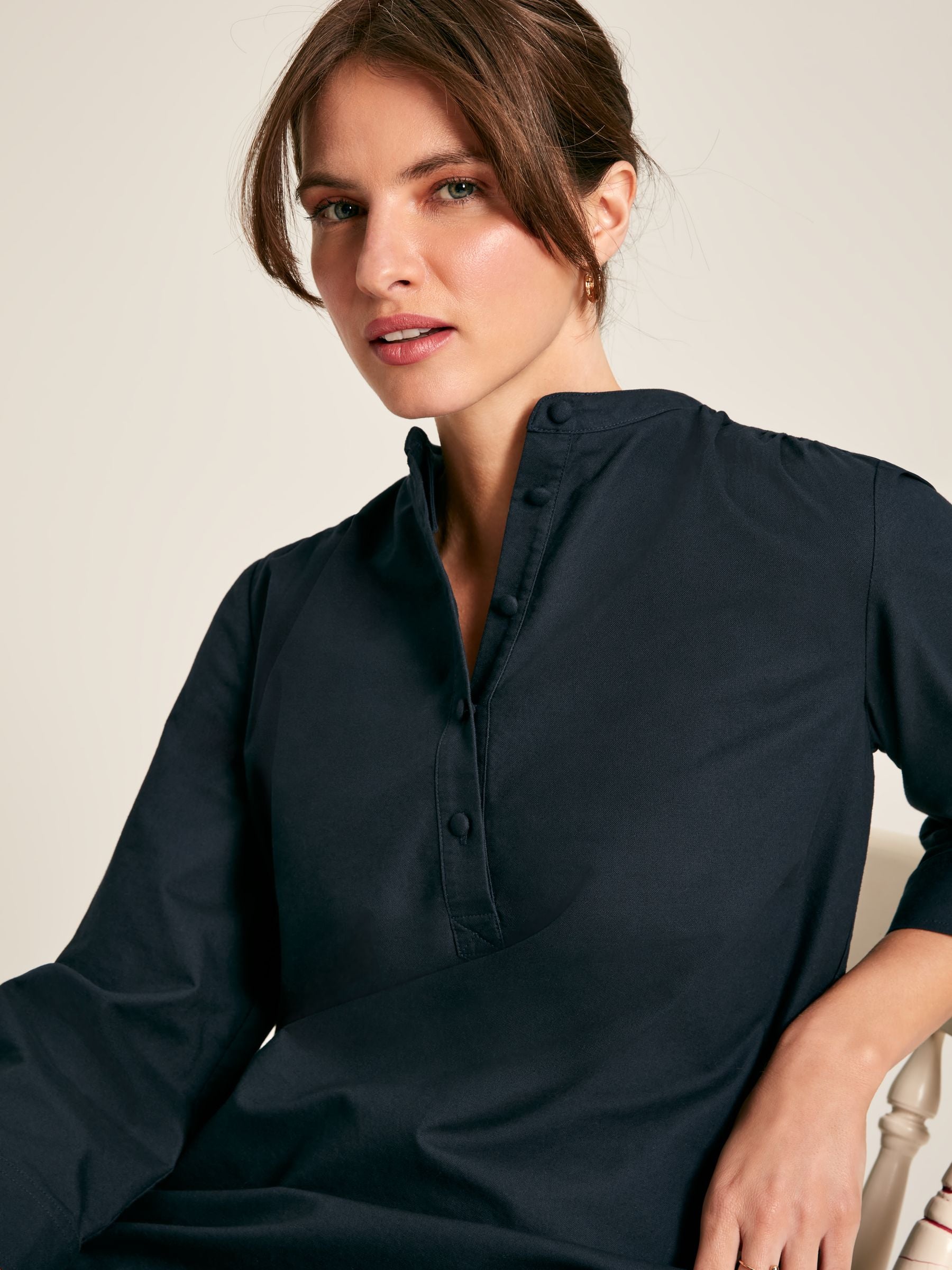 Marlowe Navy Shirt Dress with Nehru Collar