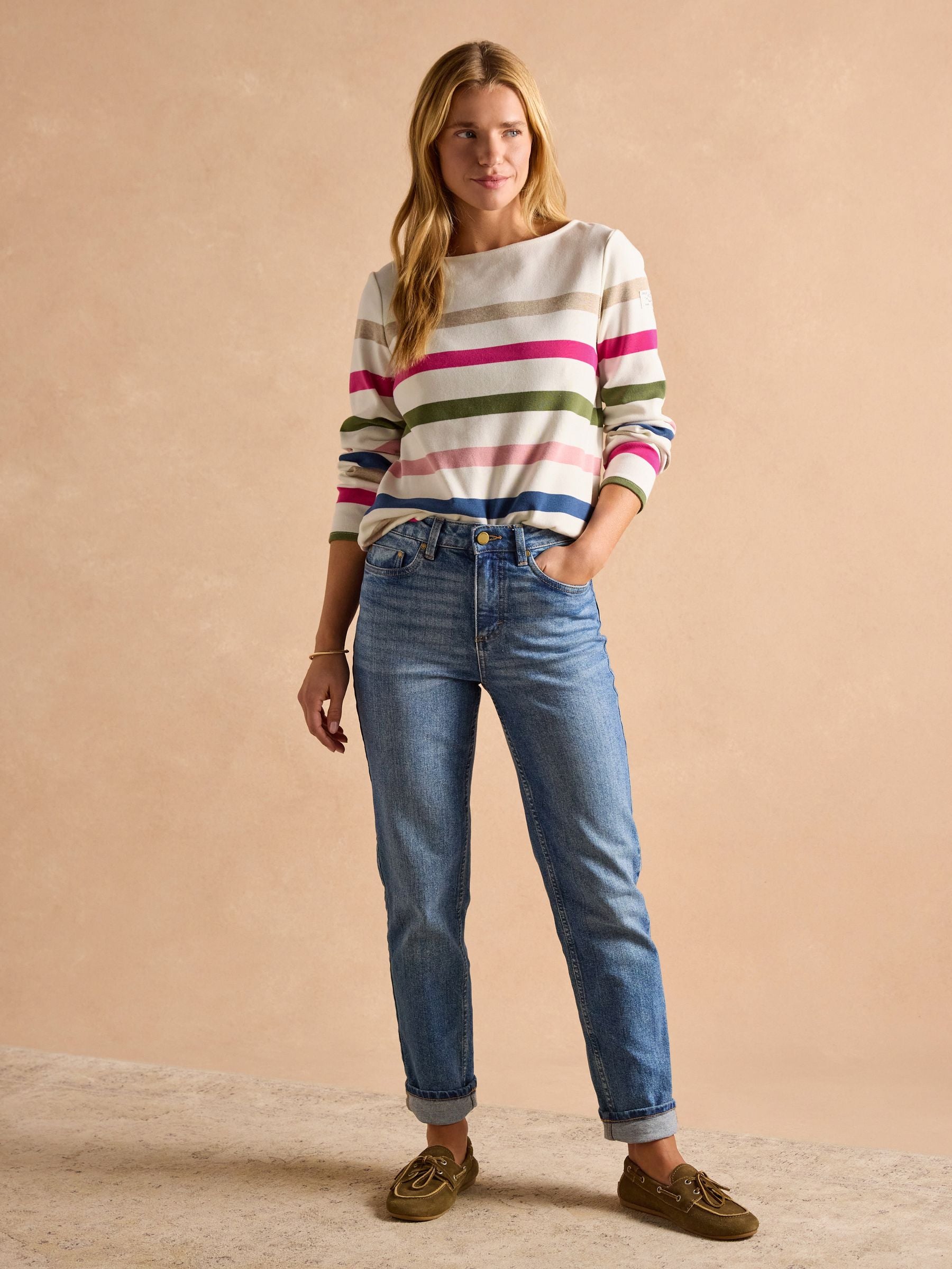 Harbour Cream Multi Boat Neck 100% Cotton Breton Top