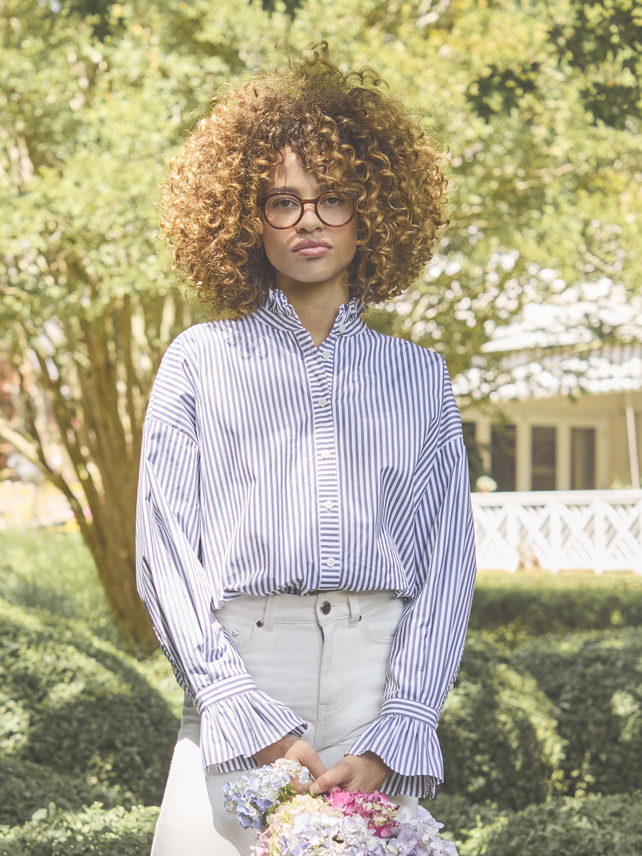 Mae Navy/White Relaxed Fit Frill Neck Shirt