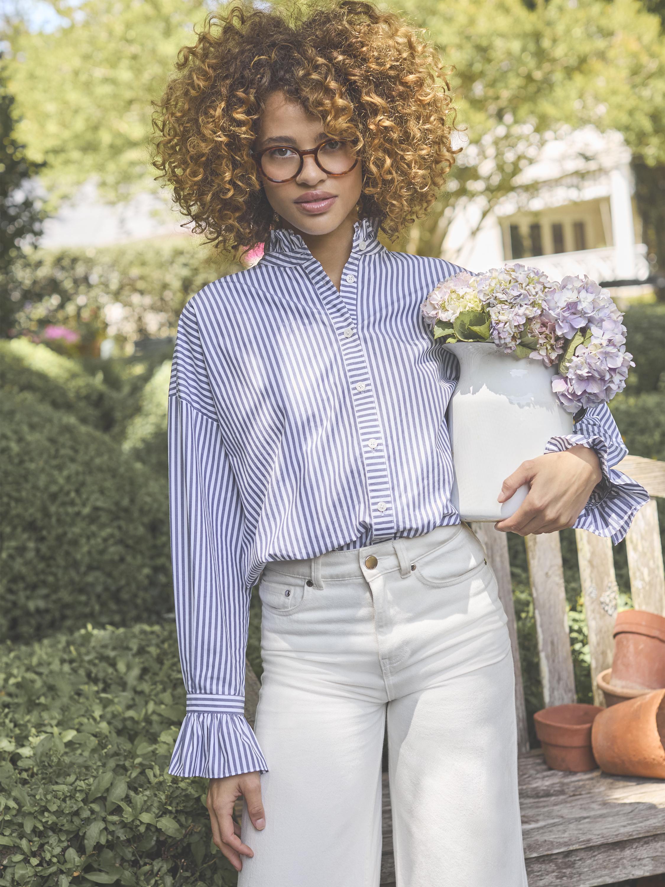 Mae Navy/White Relaxed Fit Frill Neck Shirt