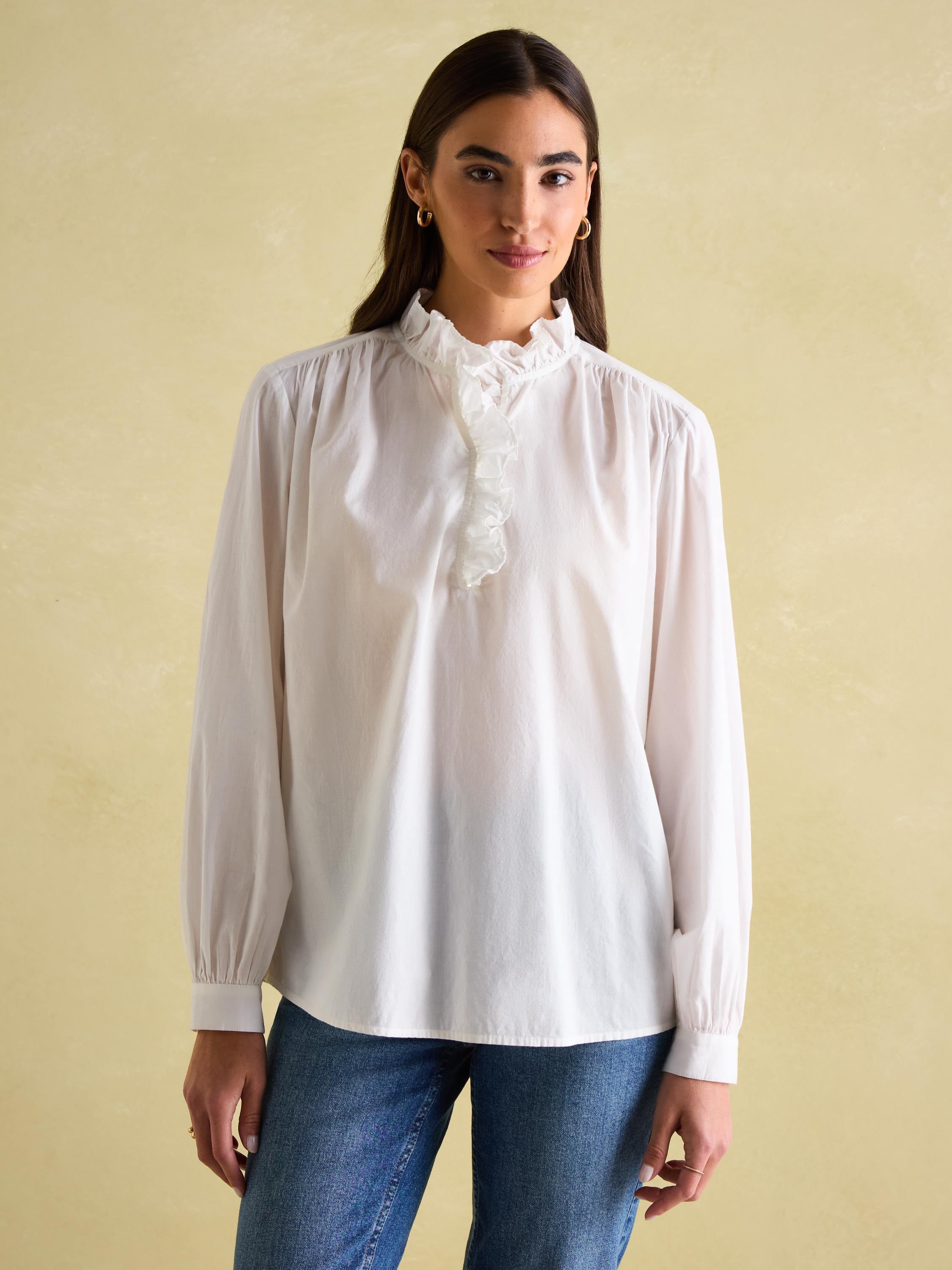 Melanie White Cotton Ruffle Blouse