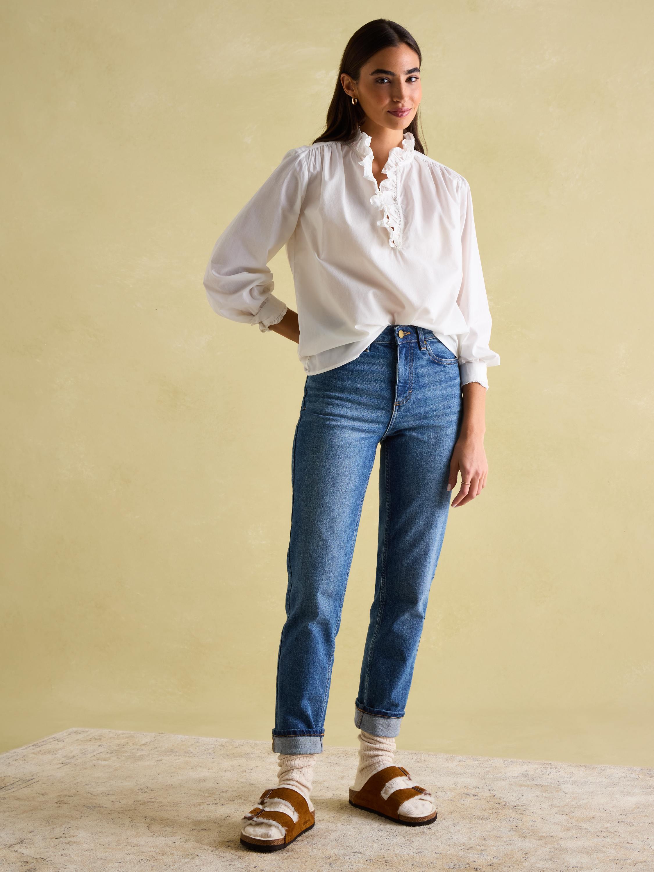 Melanie White Cotton Ruffle Blouse
