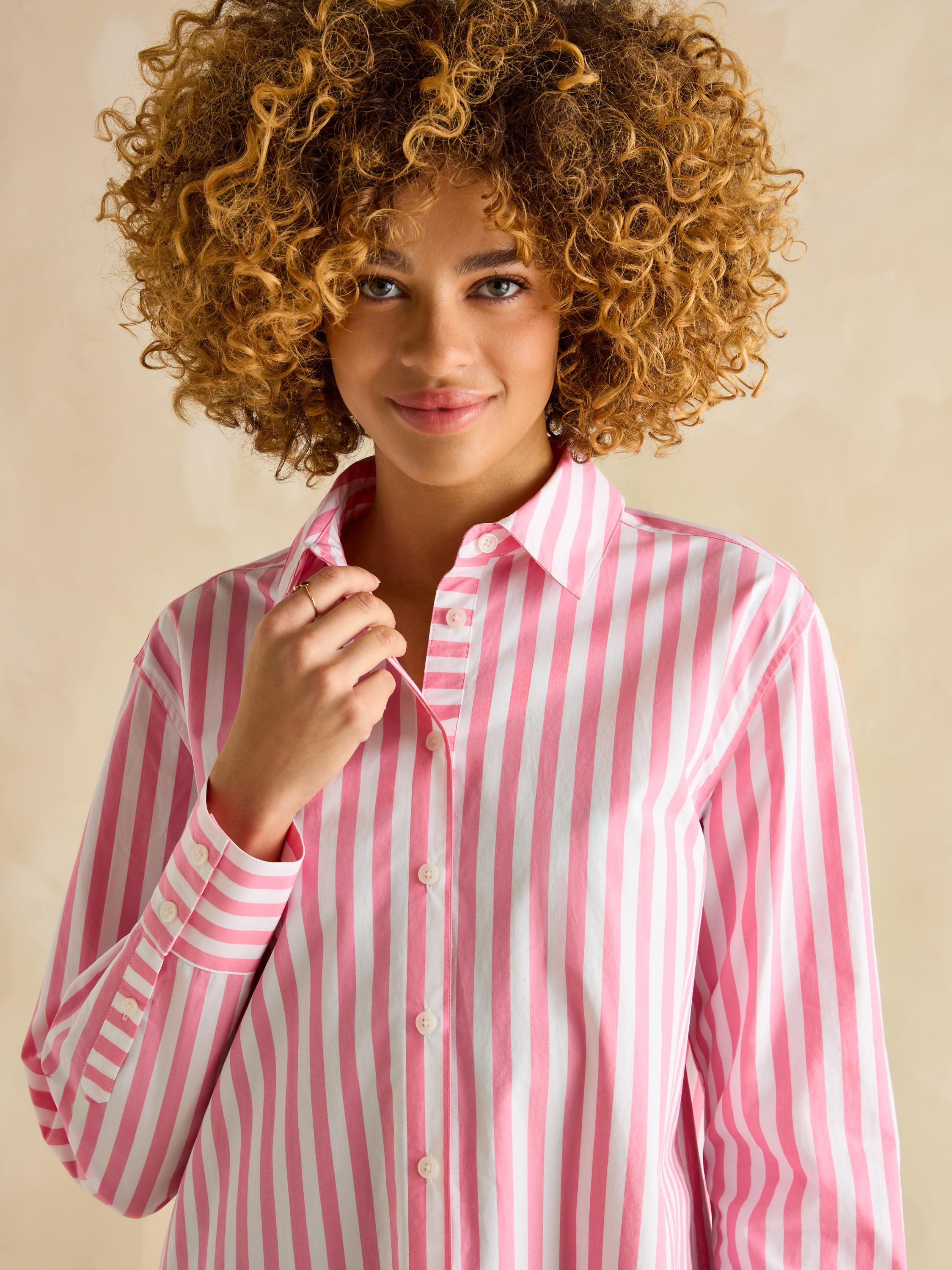 Amilla Pink & White Stripe Longline Relaxed Fit Shirt