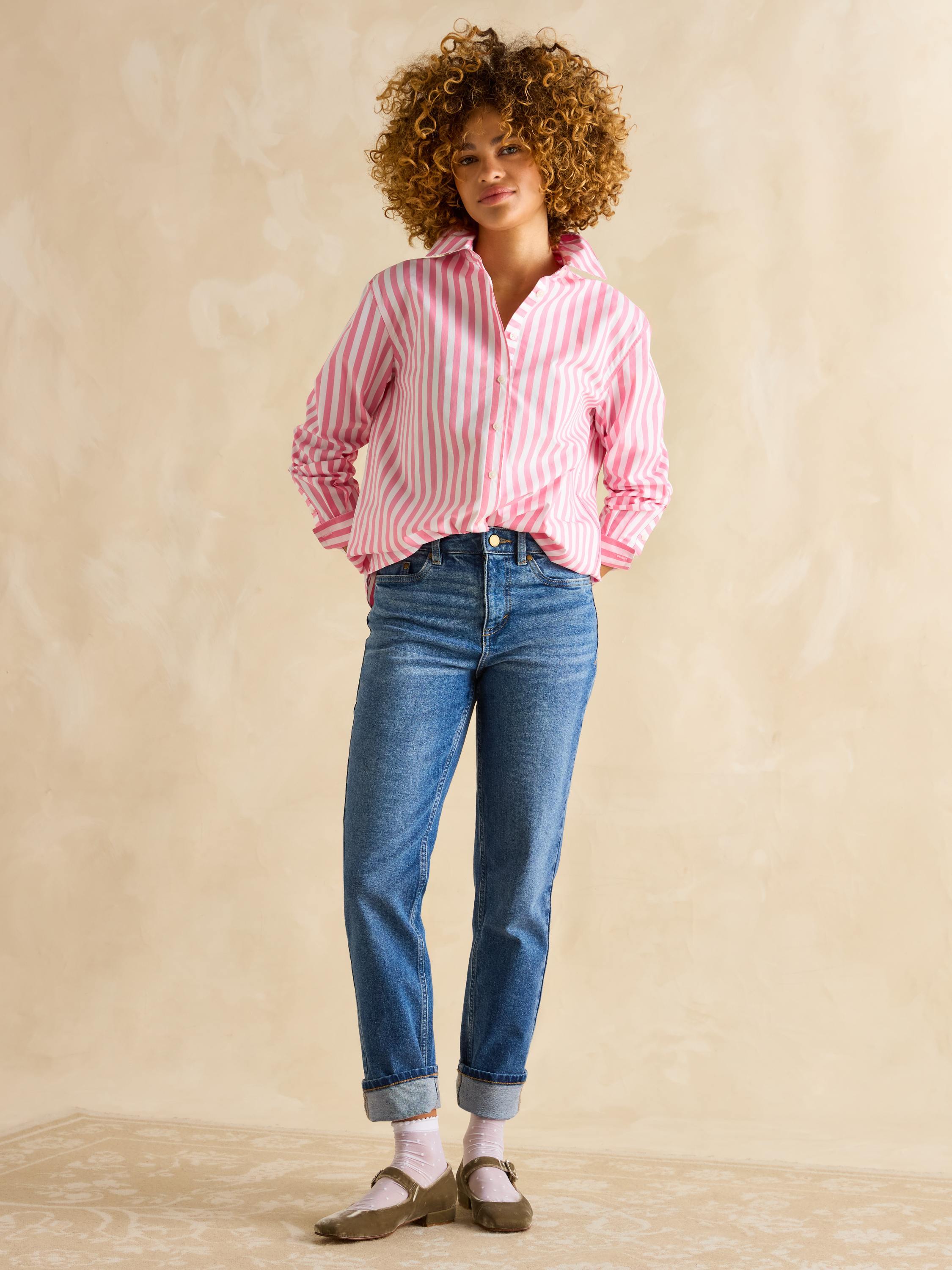 Amilla Pink & White Stripe Longline Relaxed Fit Shirt