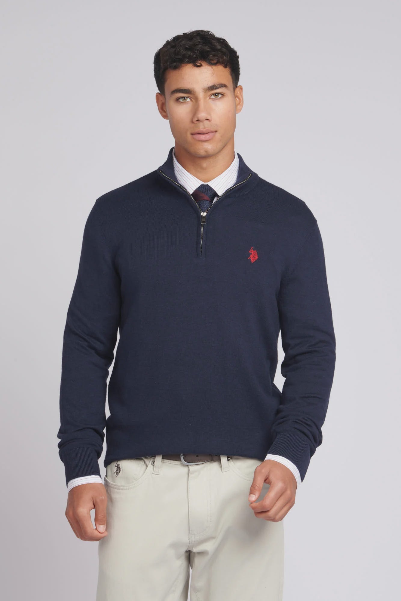 Mens Cotton Funnel Neck 1/4 Zip Knit in Dark Sapphire Navy / Haute Red DHM