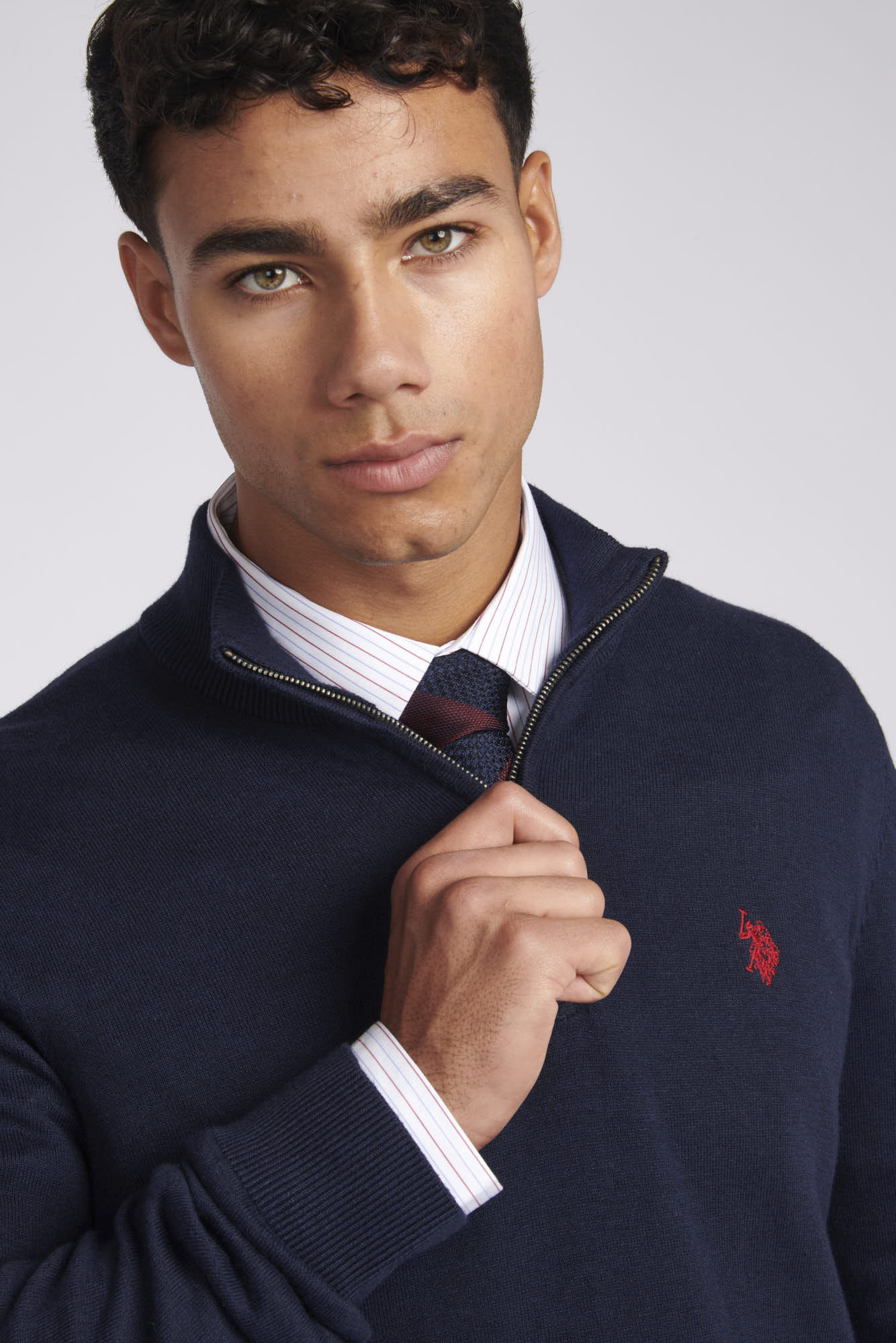 Mens Cotton Funnel Neck 1/4 Zip Knit in Dark Sapphire Navy / Haute Red DHM