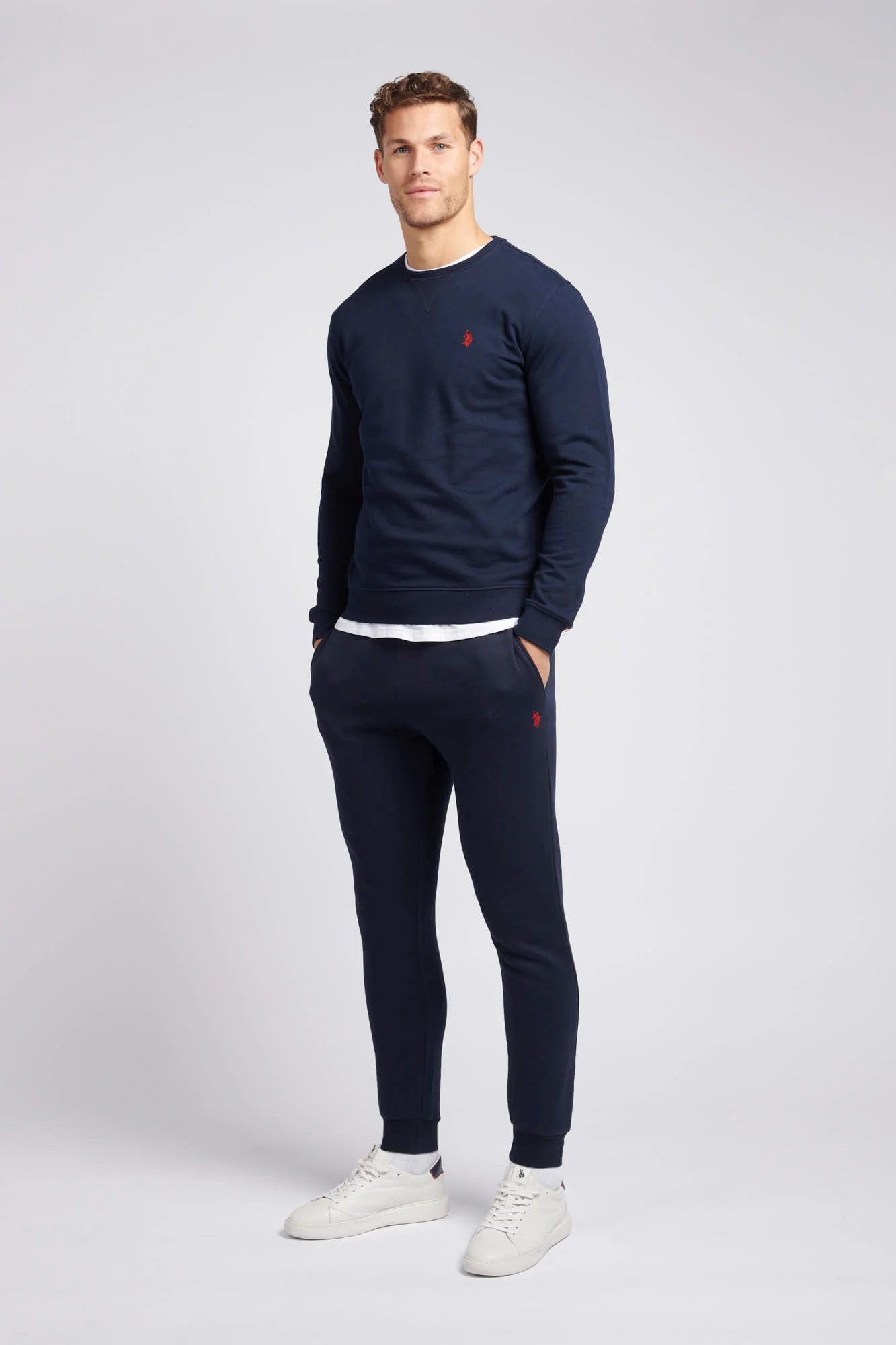 Mens Double Horsemen Sweatshirt in Dark Sapphire Navy / Haute Red DHM