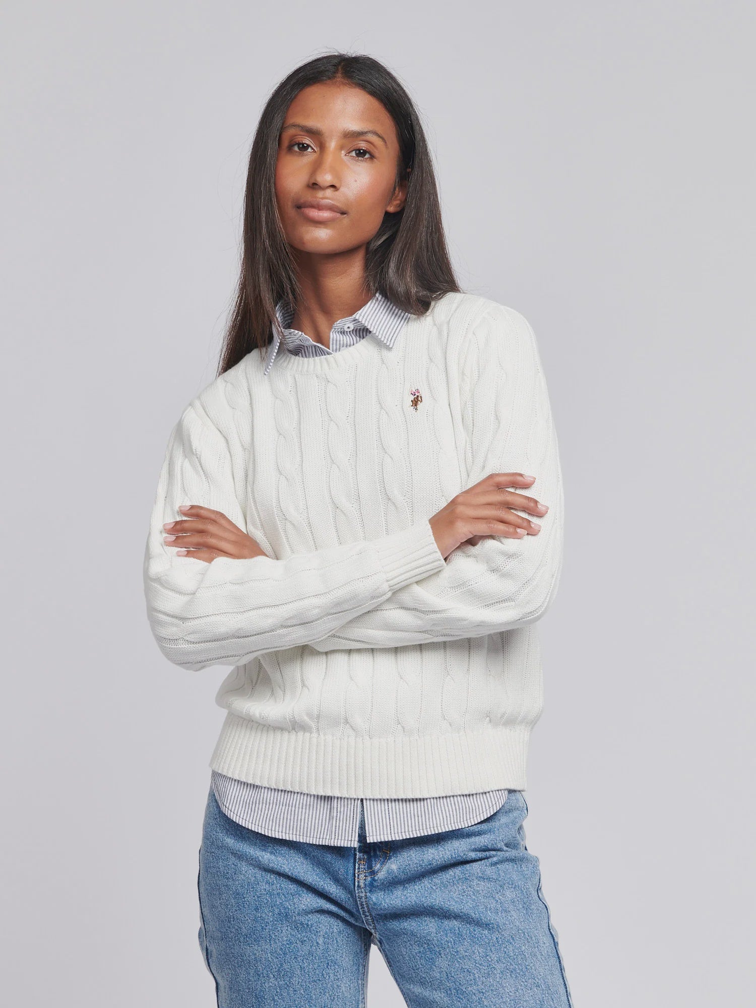 Womens Crew Neck Cable Jumper in Marshmallow