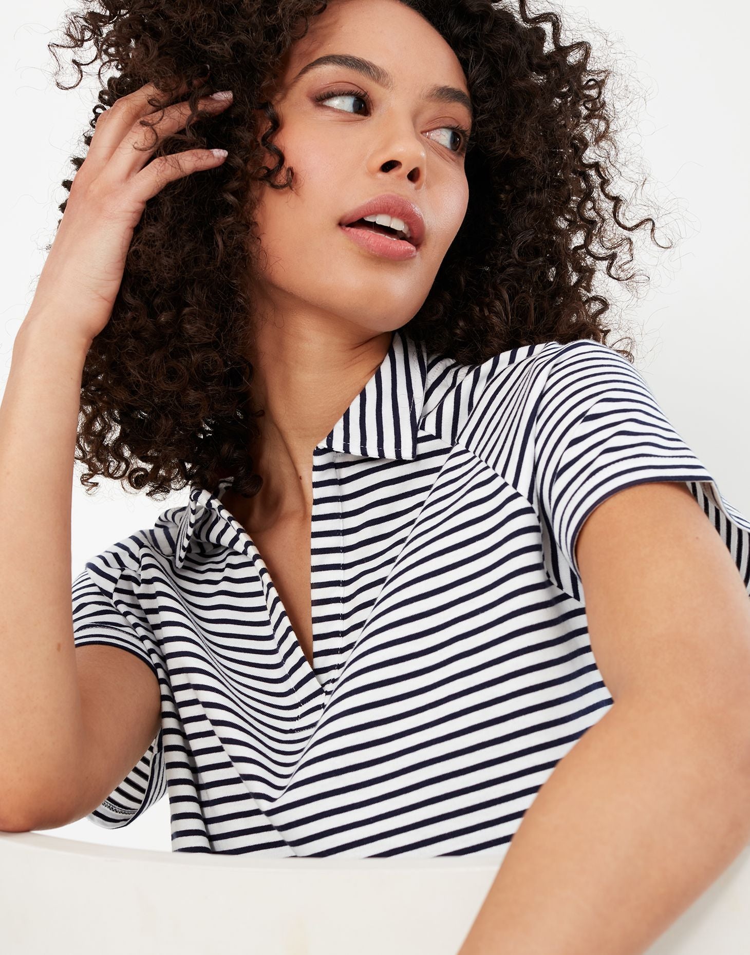 Bridgette Short Raglan Sleeve Polo Shirt - Cream Navy Stripe