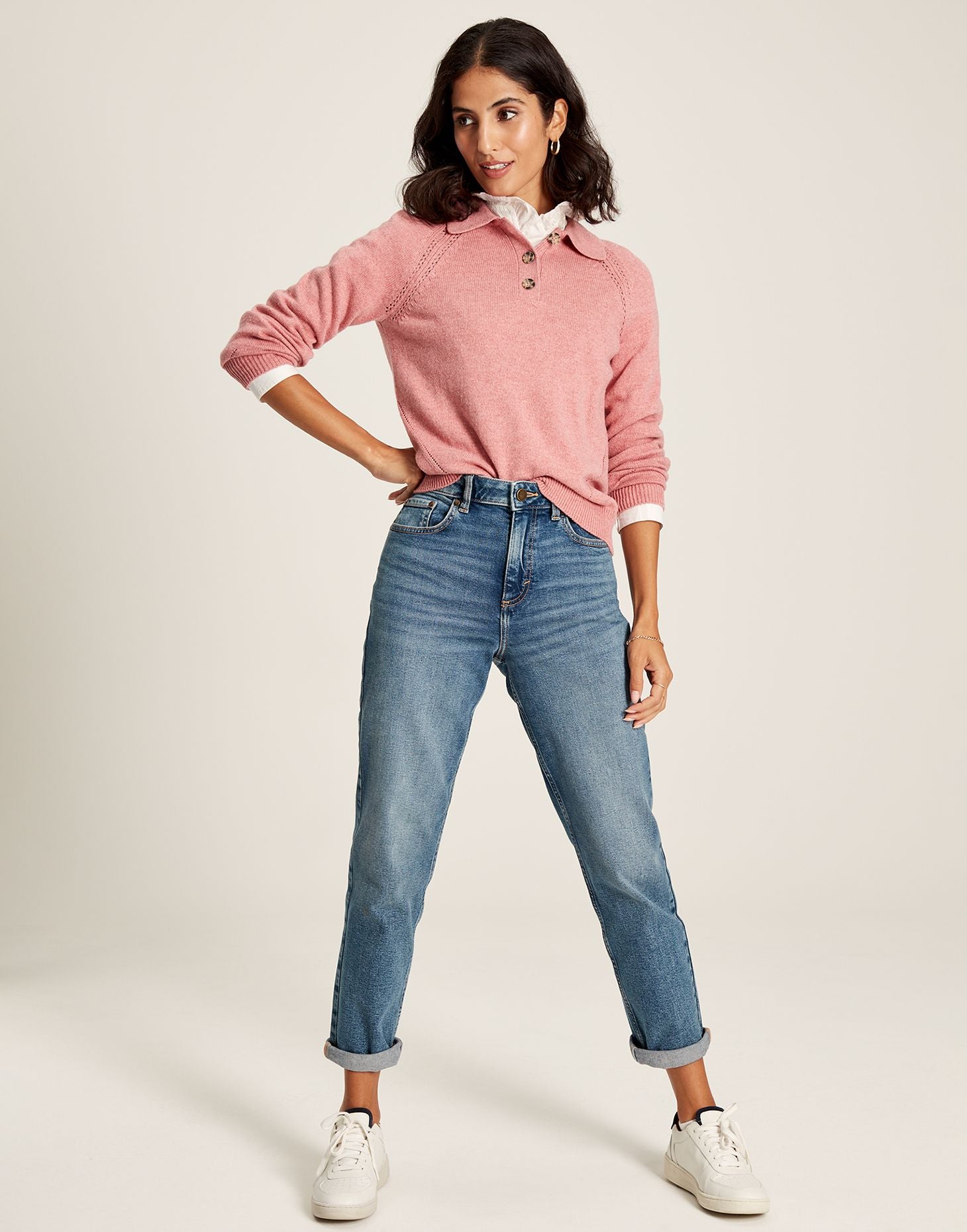 Mia Collared Pointelle Jumper - Pink