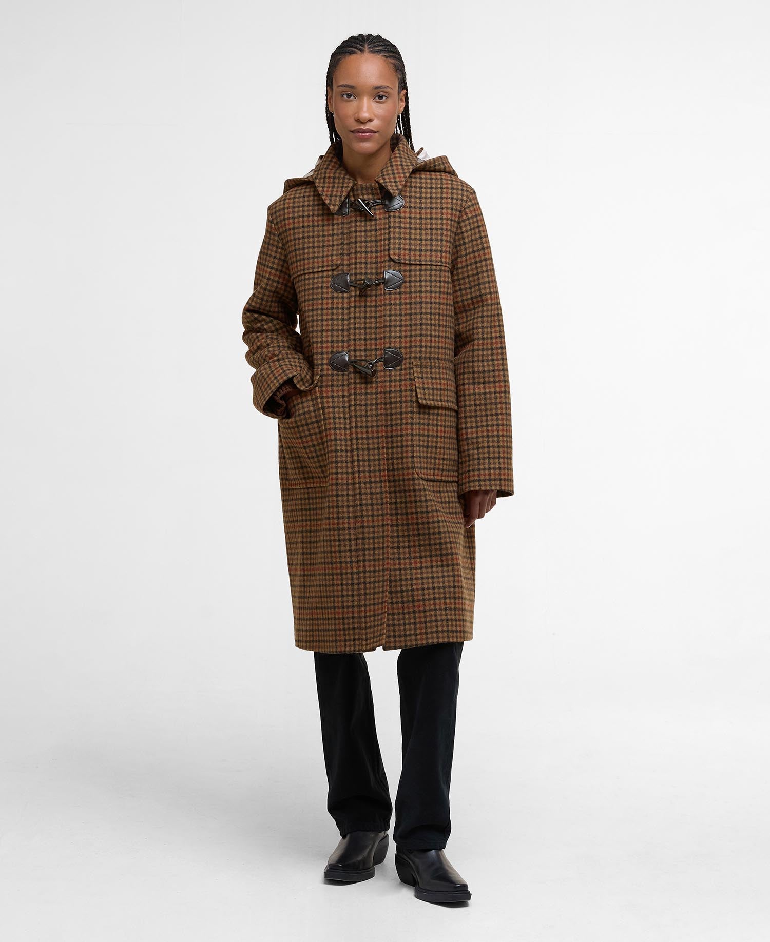 Melody Check Wool Duffle Coat - Brown/Orange Check/Hessian Tartan