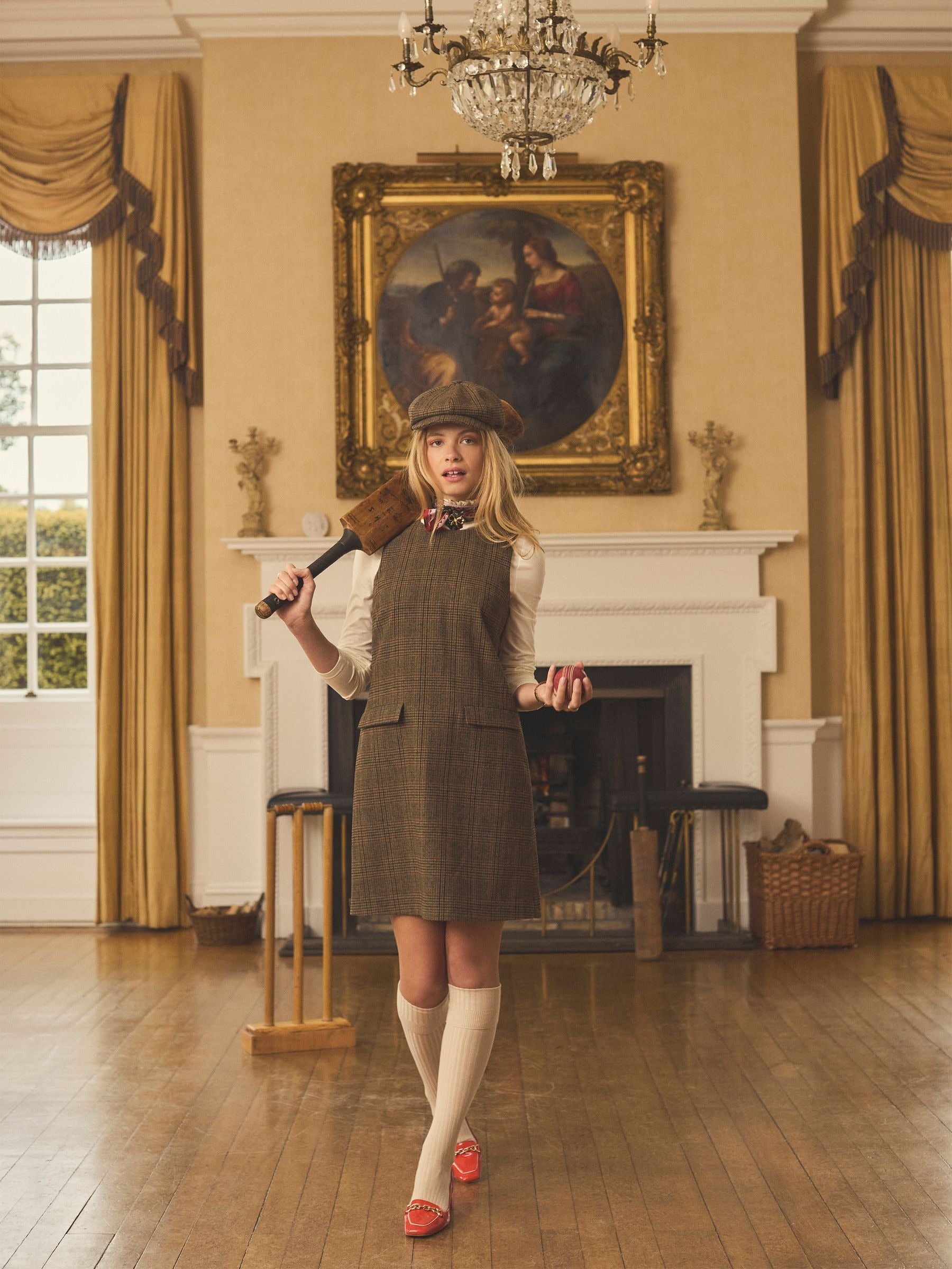 Edwina Brown Check Shift Tweed Wool Blend Sleeve Dress with Round Neck