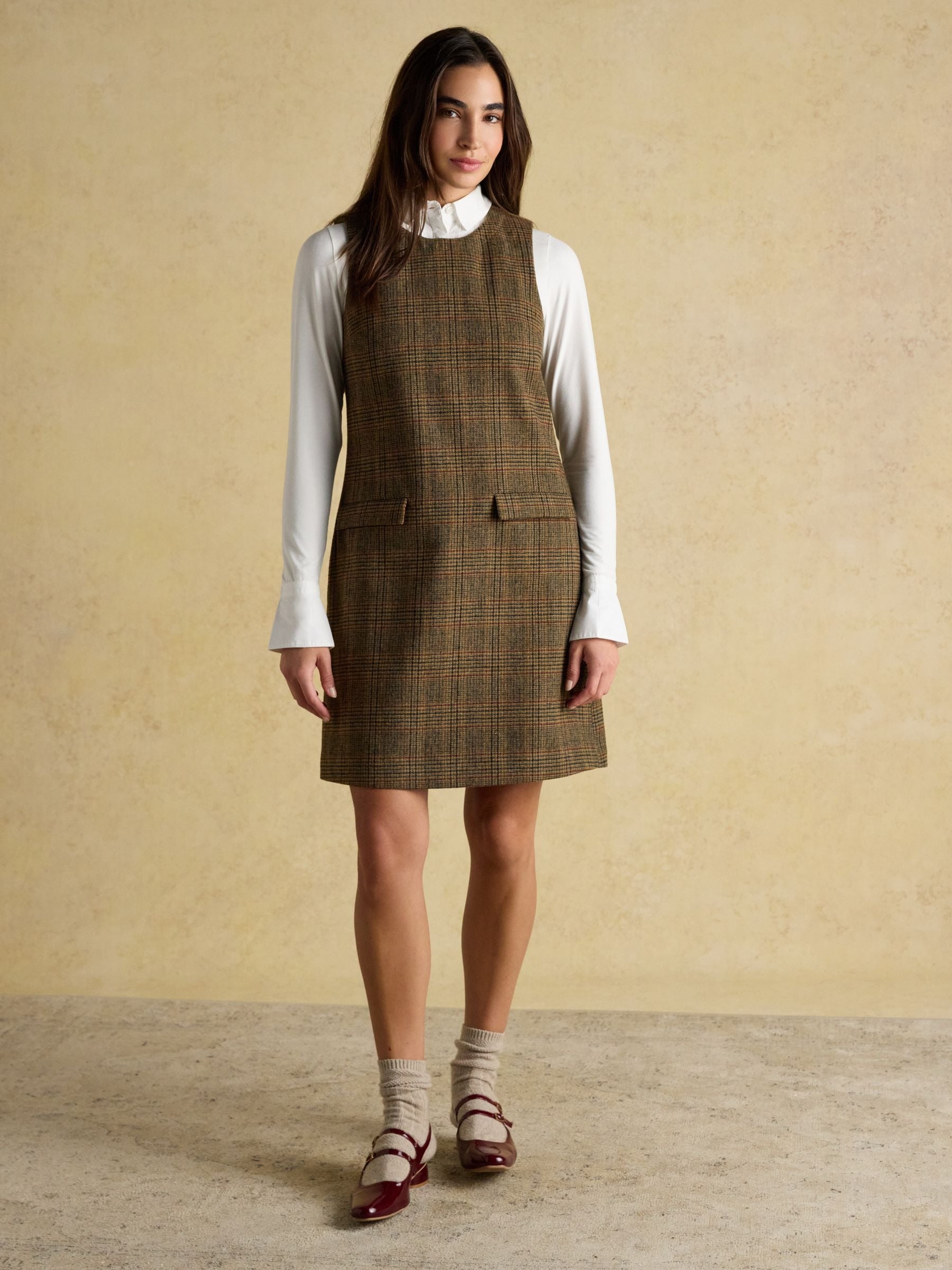 Edwina Brown Check Shift Tweed Wool Blend Sleeve Dress with Round Neck