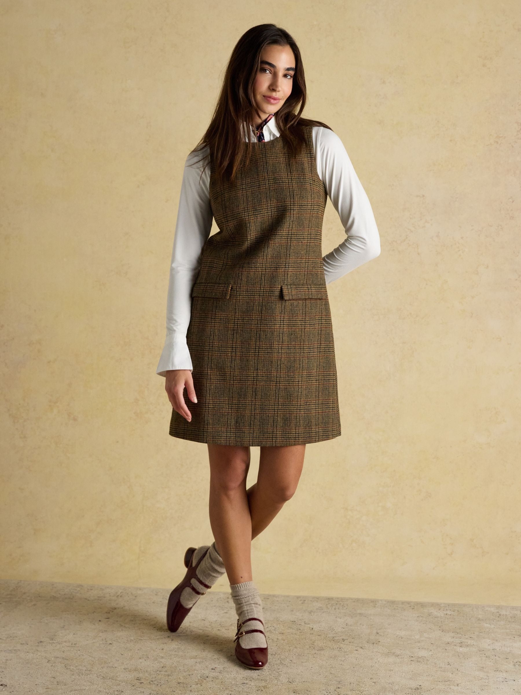 Edwina Brown Check Shift Tweed Wool Blend Sleeve Dress with Round Neck