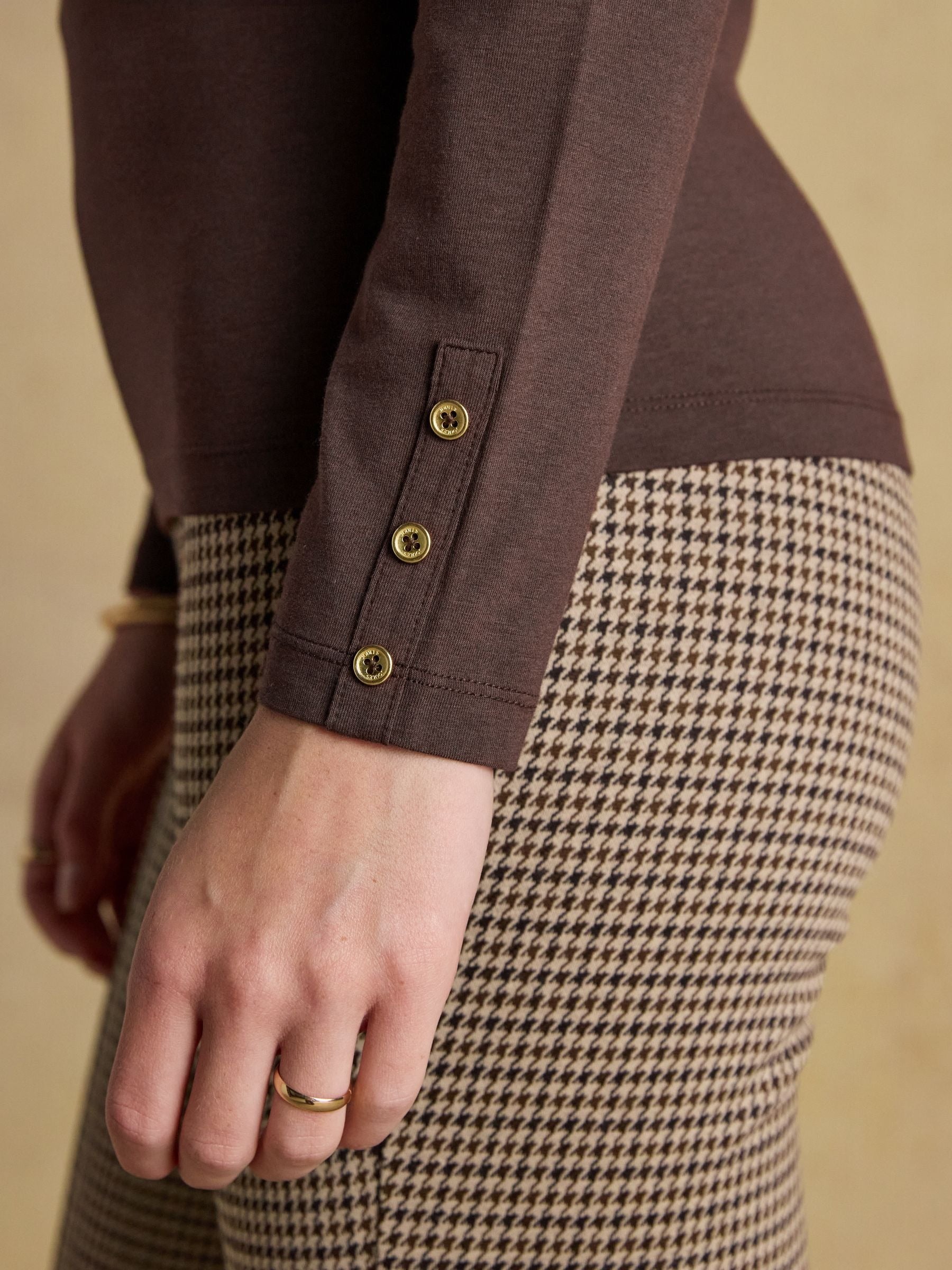 Amy Chocolate Brown Long Sleeve High Frill Neck Jersey Top