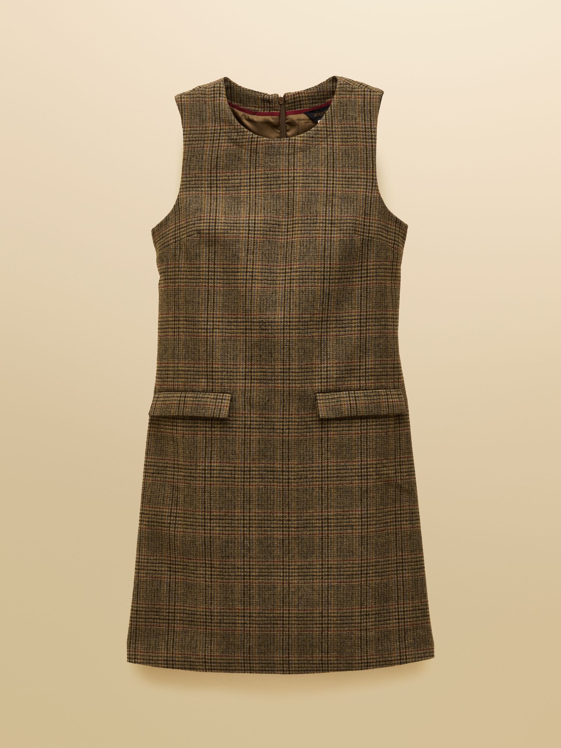 Edwina Brown Check Shift Tweed Wool Blend Sleeve Dress with Round Neck