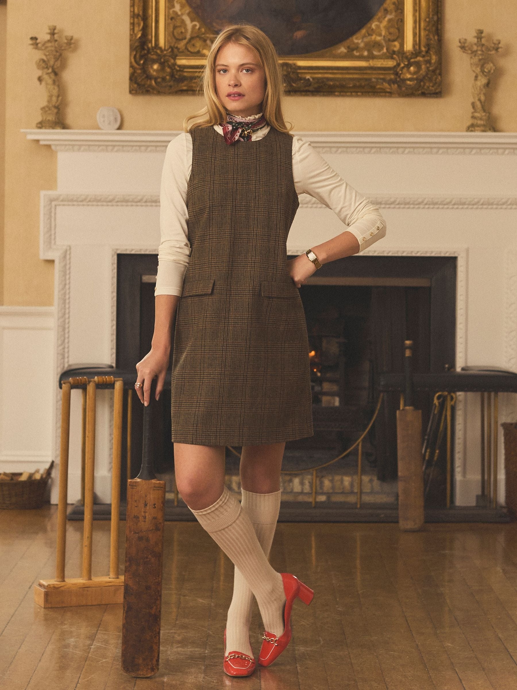 Edwina Brown Check Shift Tweed Wool Blend Sleeve Dress with Round Neck