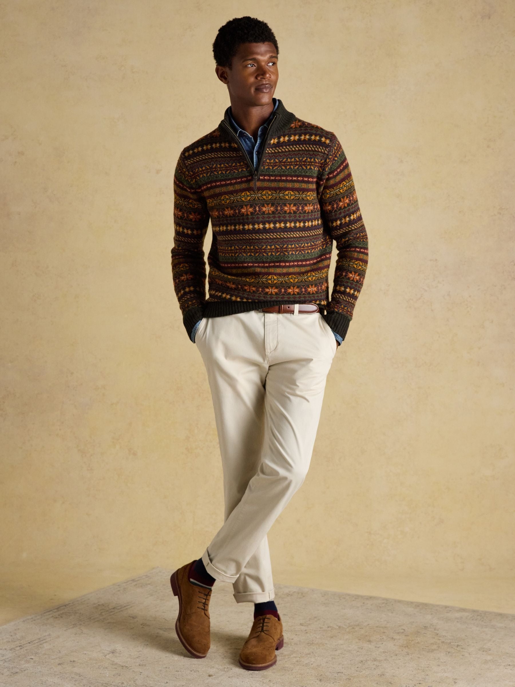 Milligan Wool-Rich Green Quarter Zip Fair Isle Jumper