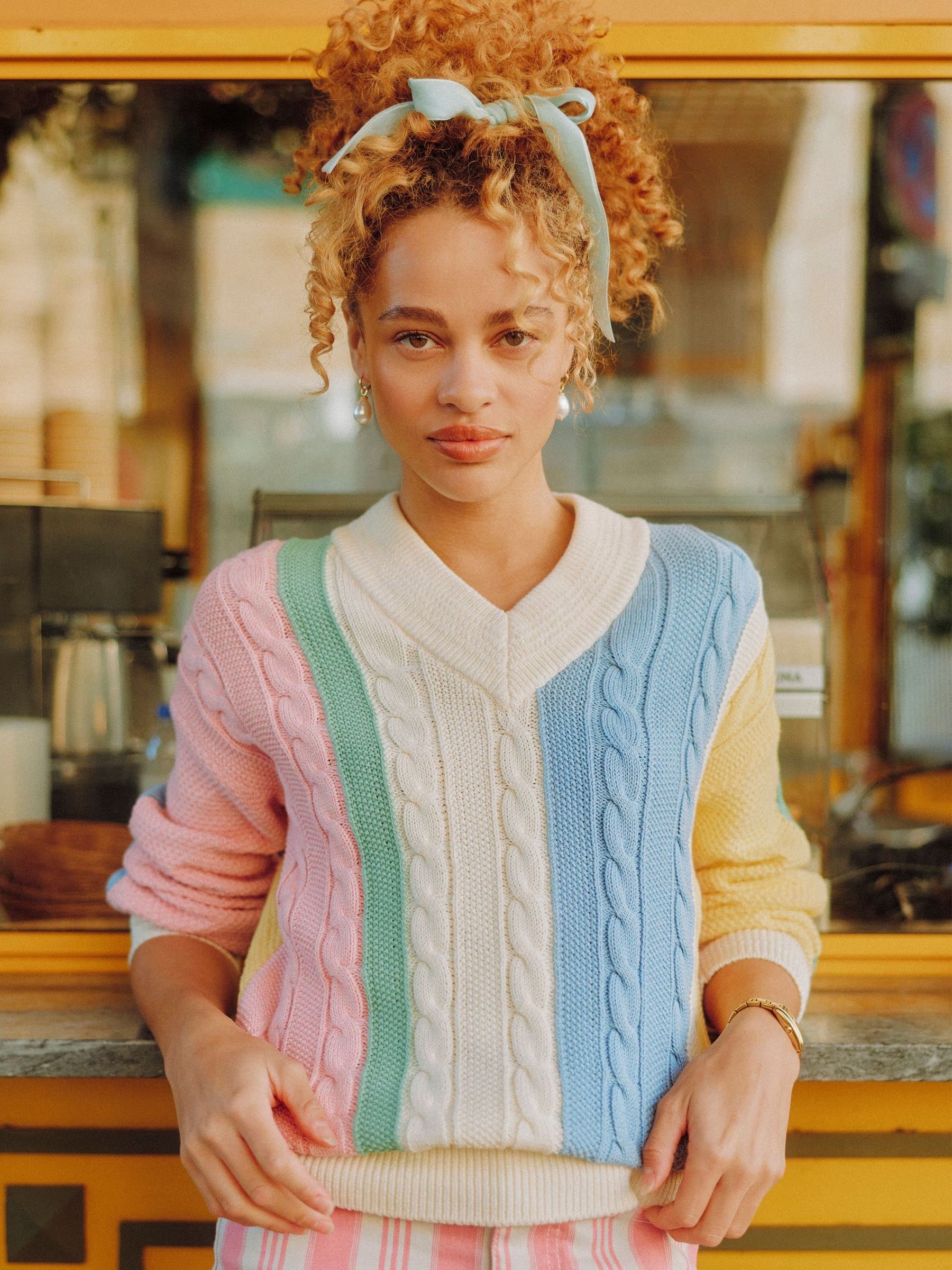 Multi Stripe Cable Knit Cricket Cotton Jumper