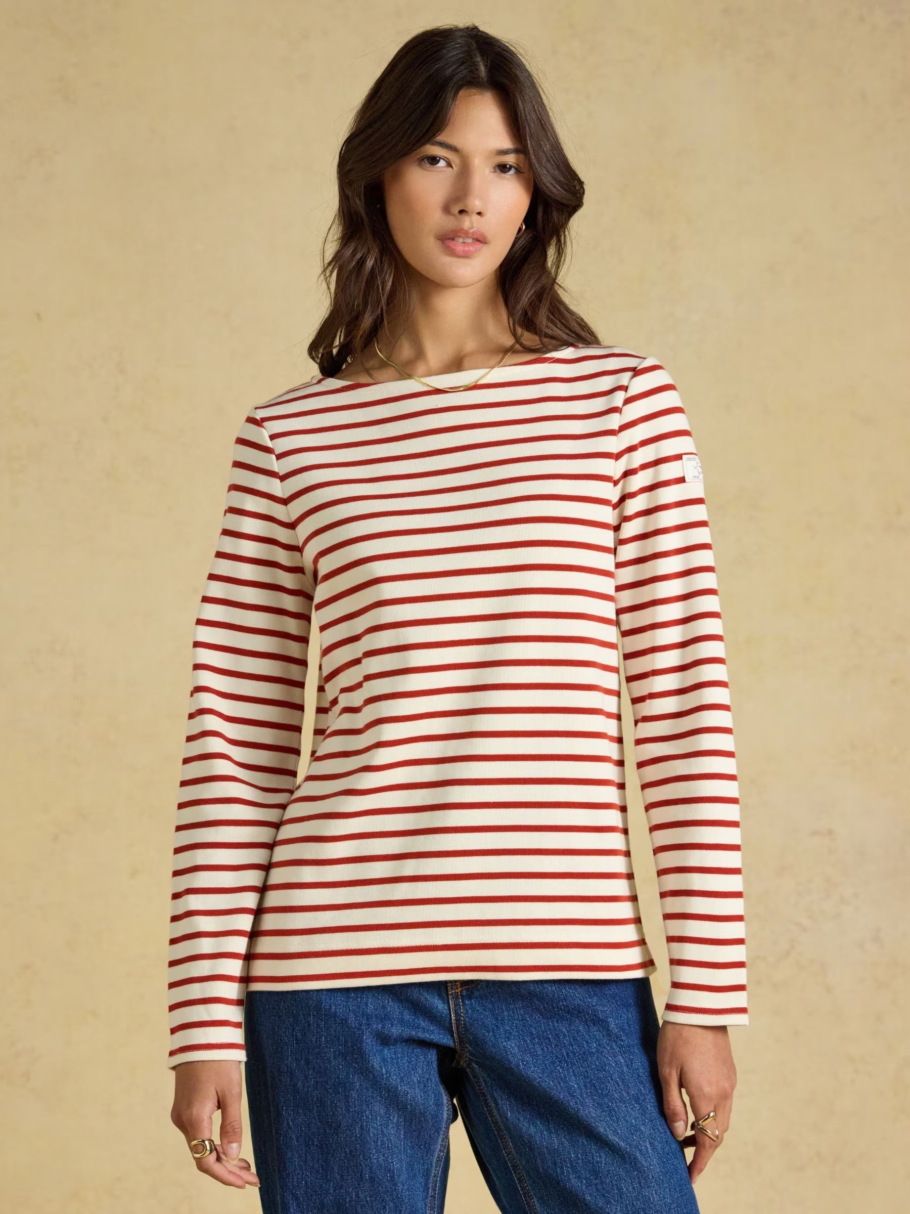 Harbour Cream & Burnt Orange Long Sleeve Striped Boat Neck Breton Top