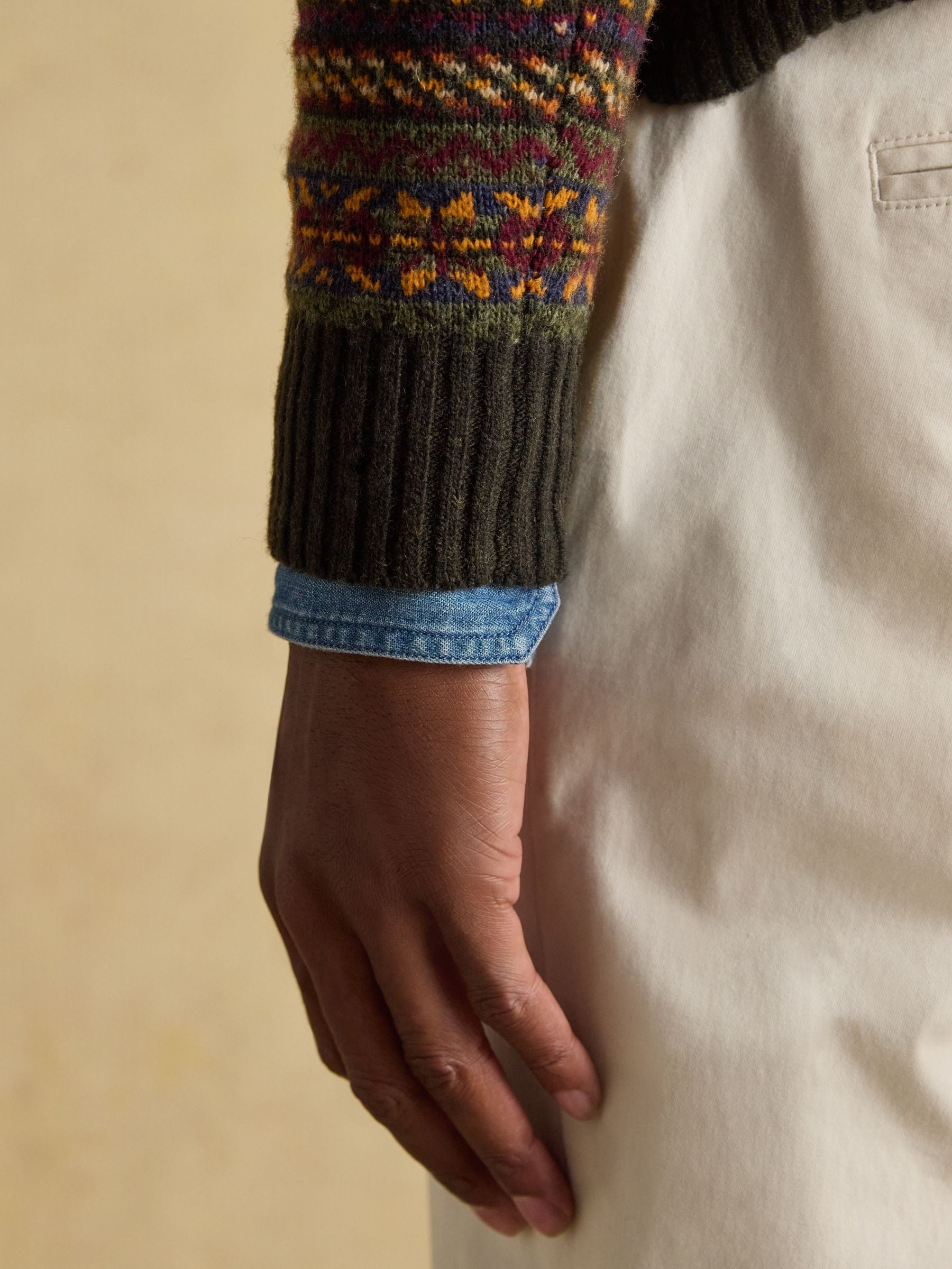 Milligan Wool-Rich Green Quarter Zip Fair Isle Jumper