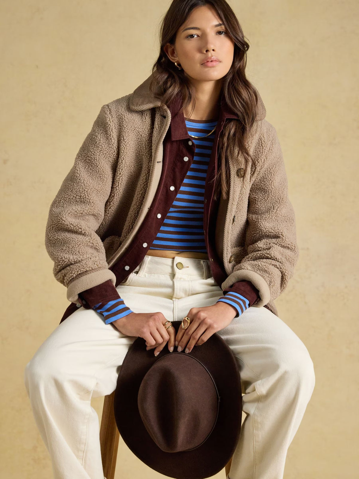 Sophie Blue & Brown Striped Long Sleeve Ribbed Fitted T-Shirt