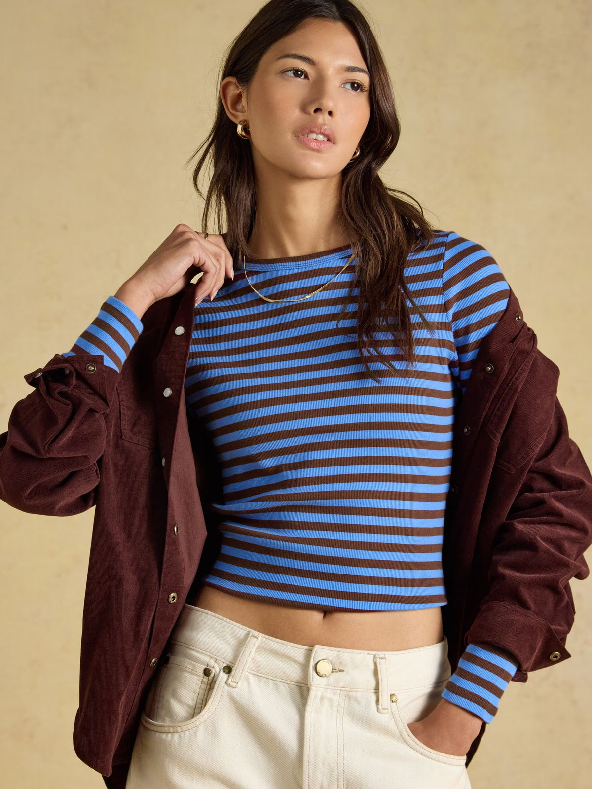 Sophie Blue & Brown Striped Long Sleeve Ribbed Fitted T-Shirt