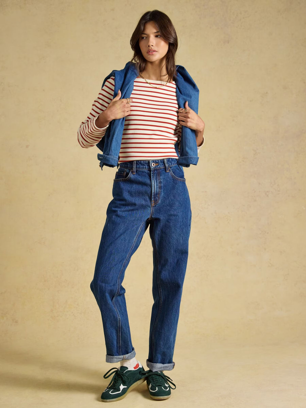 Harbour Cream & Burnt Orange Long Sleeve Striped Boat Neck Breton Top