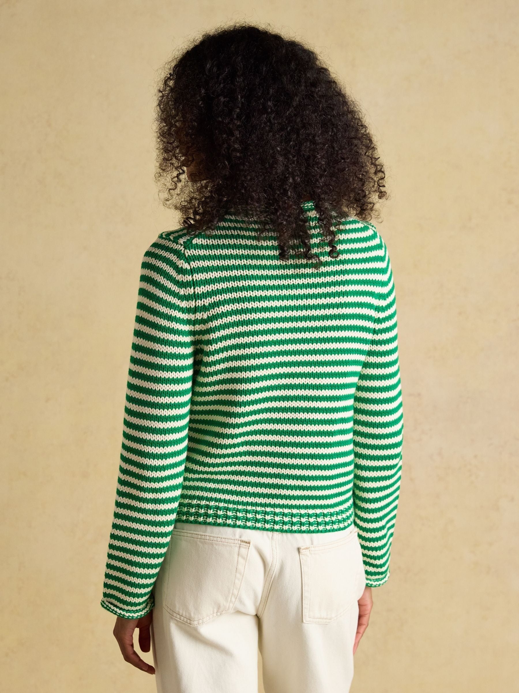 Green & White Striped Cotton Crew Neck Jumper