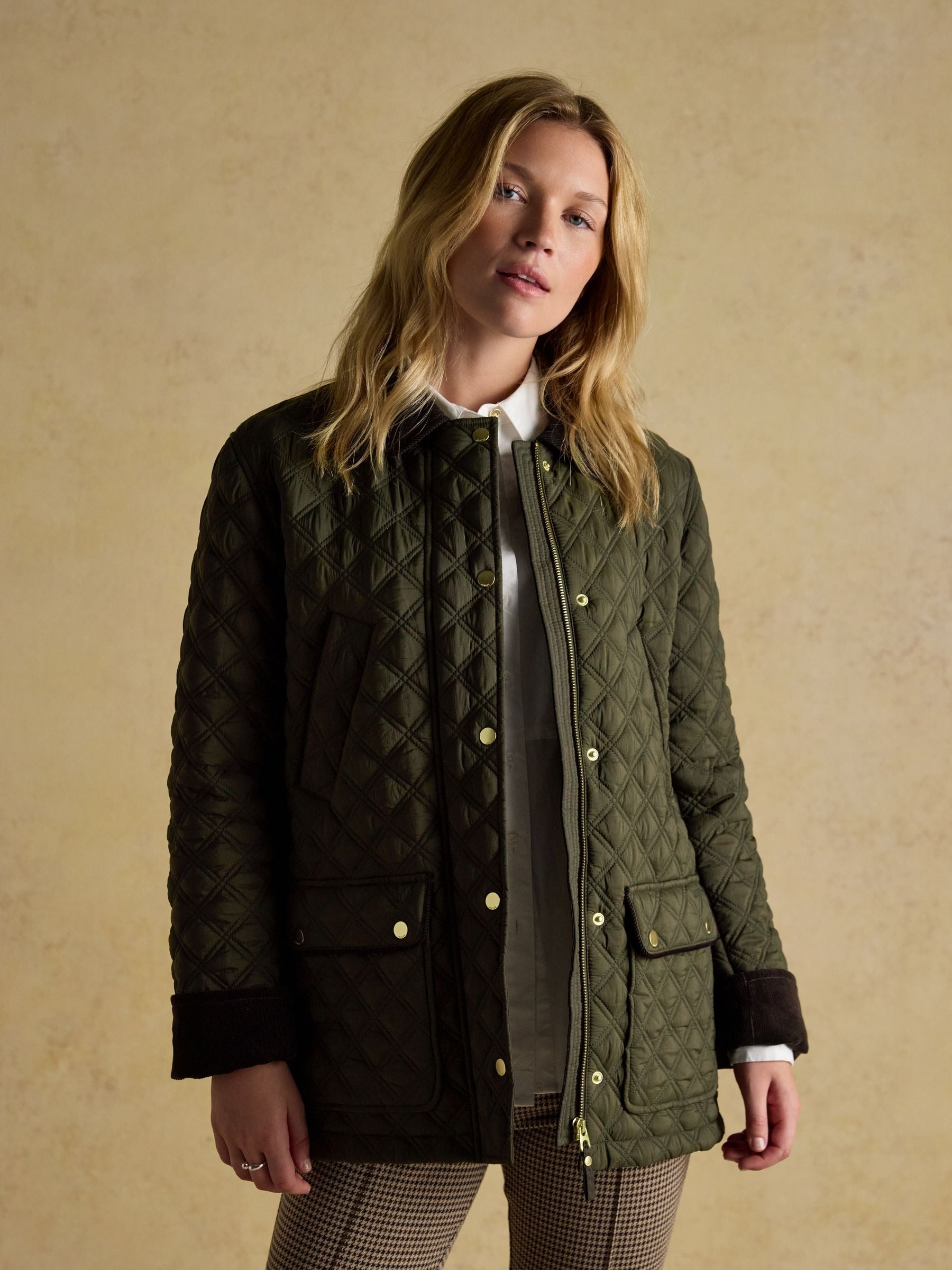 Beatrix Khaki Green Showerproof Diamond Quilted Coat
