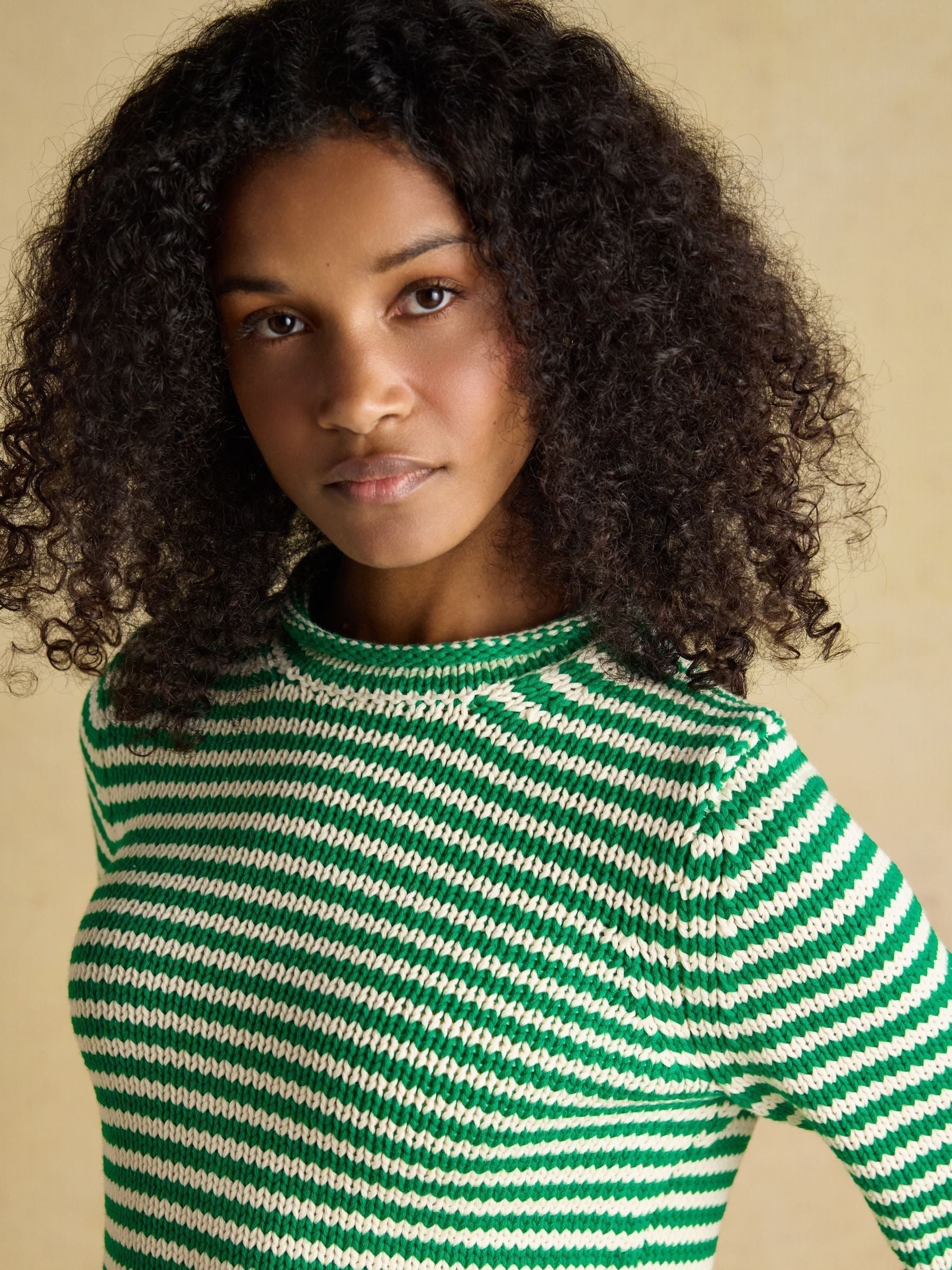 Green & White Striped Cotton Crew Neck Jumper