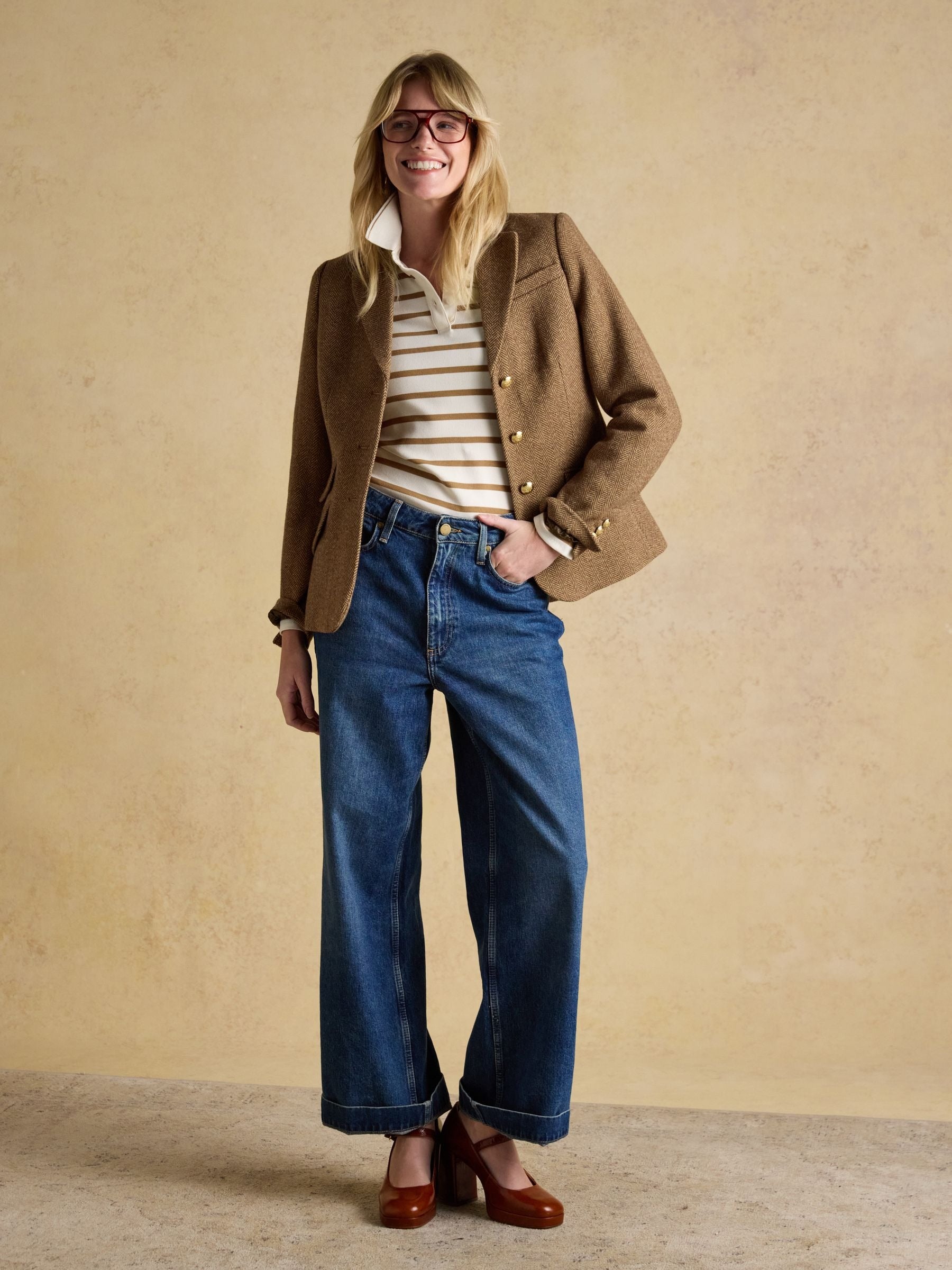 Fairfield Jonty Fox Cream & Brown Striped Long Sleeve Ribbed Polo Shirt