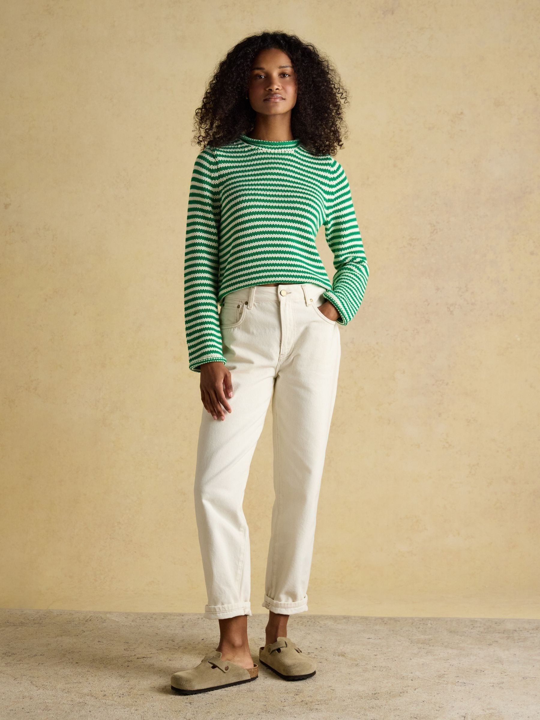 Green & White Striped Cotton Crew Neck Jumper