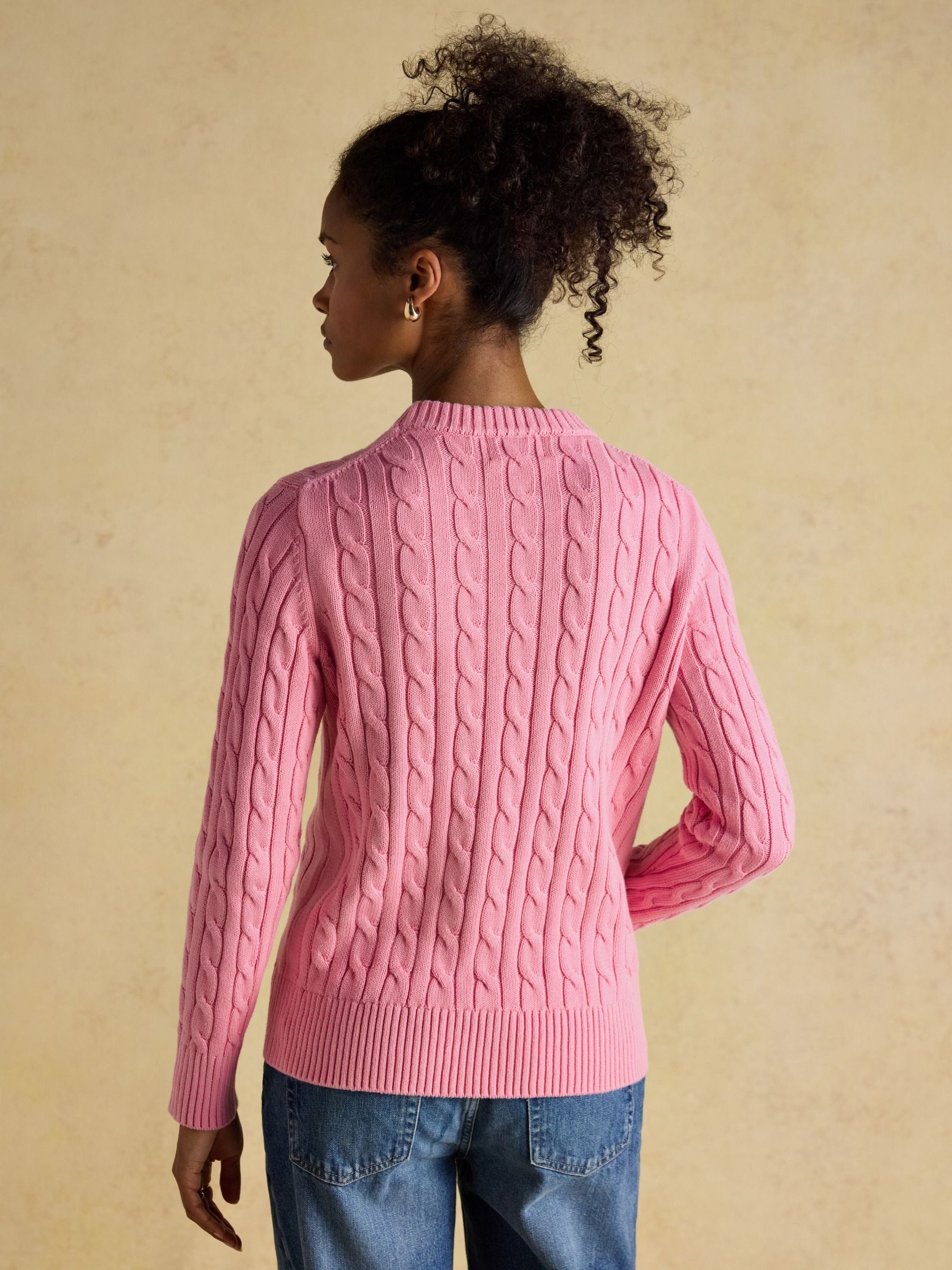 Pink Classic Crew Neck Cotton Cable Knit Jumper
