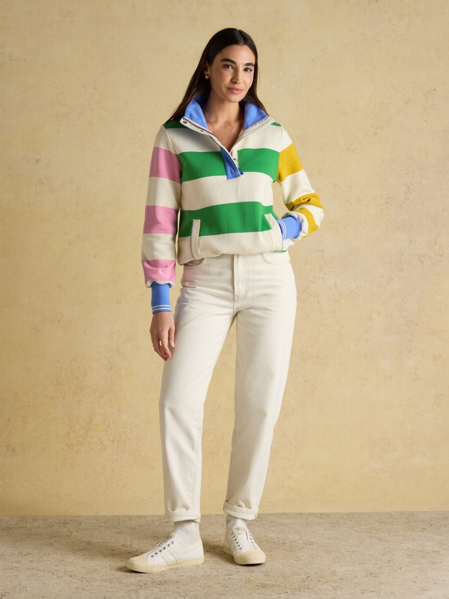Burnham Cream Stripe Quarter Zip Sweatshirt With Funnel Neck
