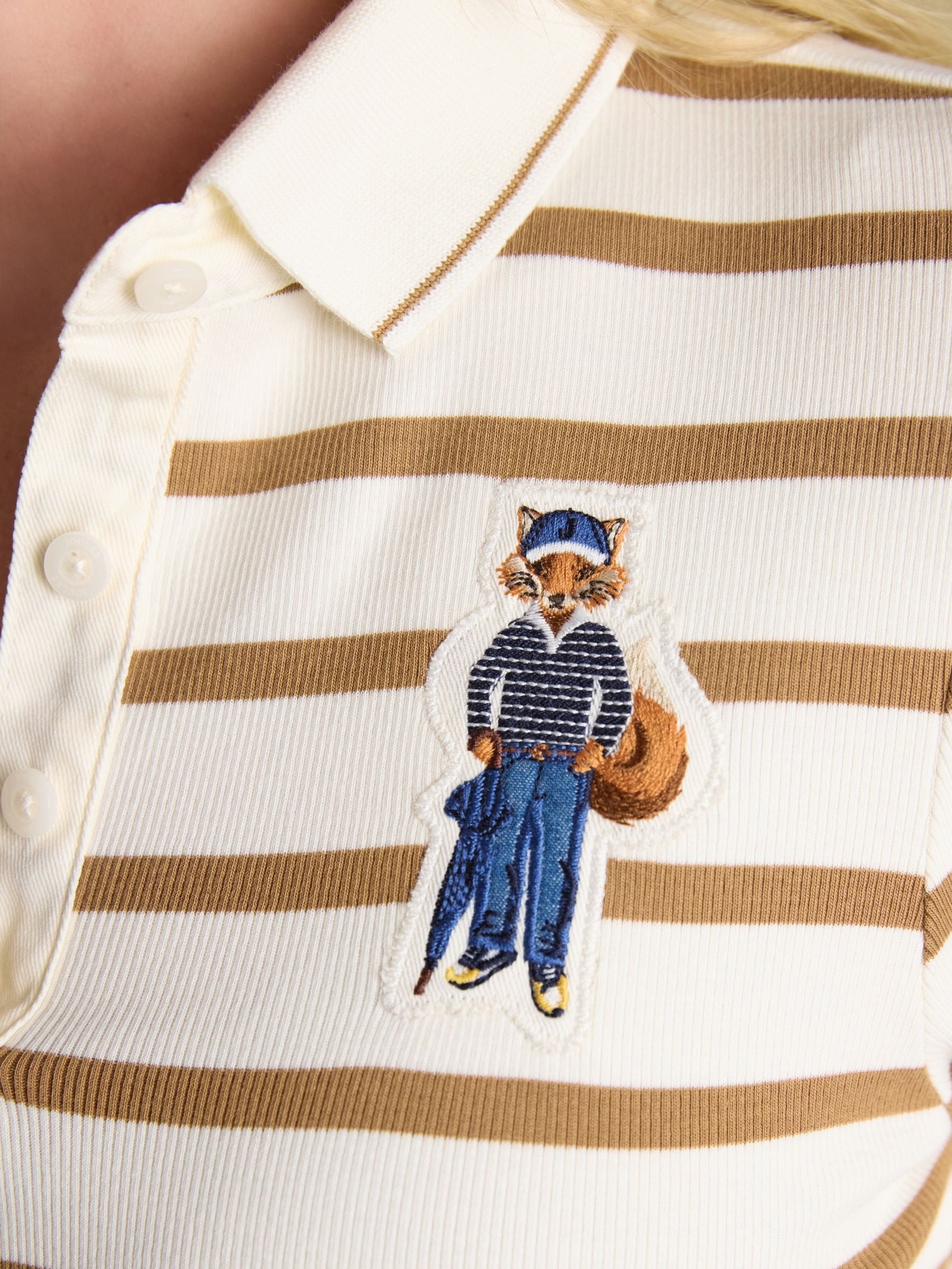 Fairfield Jonty Fox Cream & Brown Striped Long Sleeve Ribbed Polo Shirt